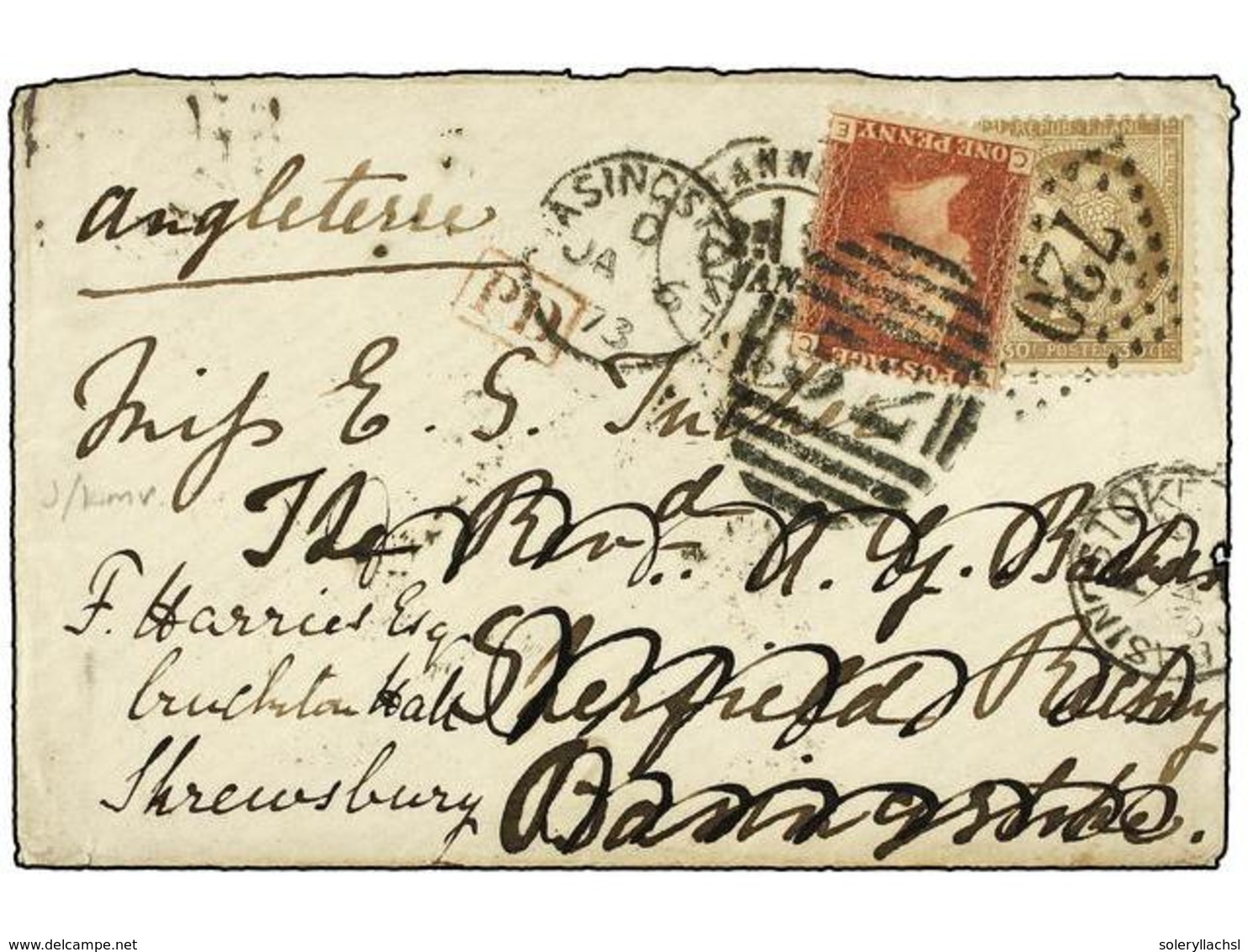 1854 FRANCIA. Yv.56. 1873. CANNES To GREAT BRITAIN. <B>30 Cts.</B> Brown Redirected With Great Britain <B>1 P.</B> Red S - Other & Unclassified