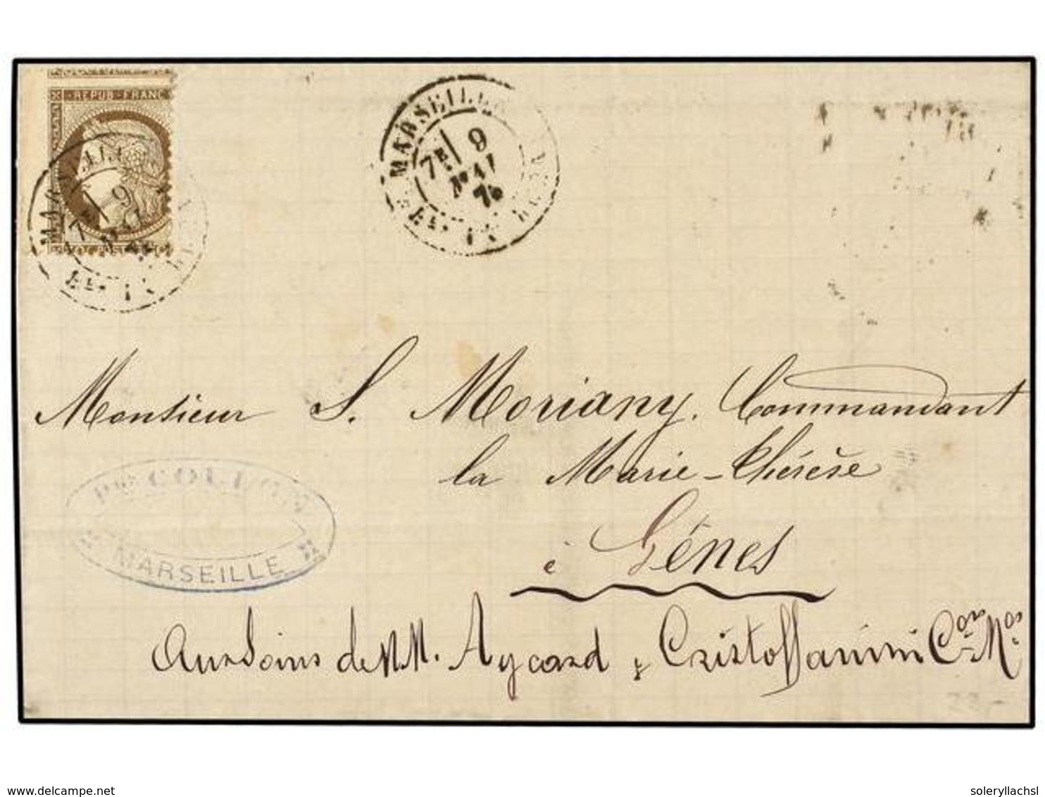 1860 FRANCIA. Yv.56. 1874. MARSELLA A GÉNOVA. <B>30 Cts.</B> Castaño<B> DENTADO MUY DESPLAZADO.</B> Espectacular Varieda - Otros & Sin Clasificación