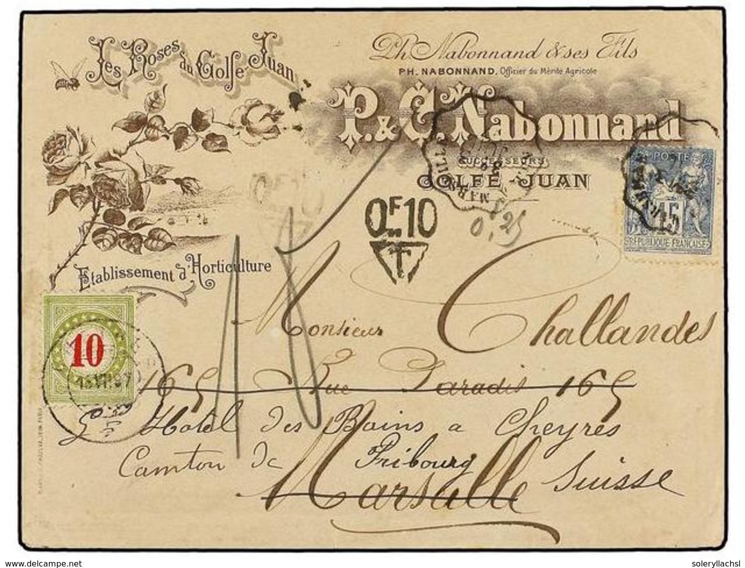 1918 FRANCIA. 1897. MARSEILLE A SUIZA. Sobre Ilustrado Circulado Con Sello De <B>25 Cts. </B>azul Tasado A La Llegada Co - Other & Unclassified