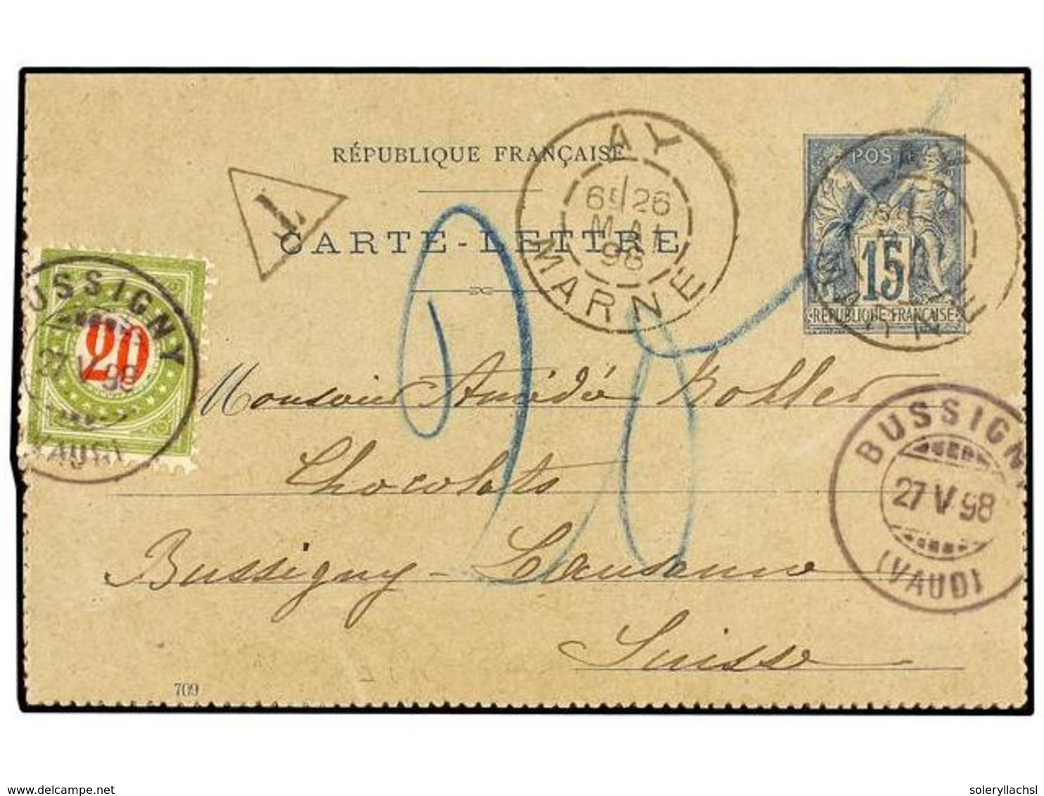 1920 FRANCIA. 1898. AY To SWITZERLAND. <B>15 Cts.</B> Blue Postal Stationery Card Taxed On Arrival With Swiss <B>20 Cts. - Sonstige & Ohne Zuordnung