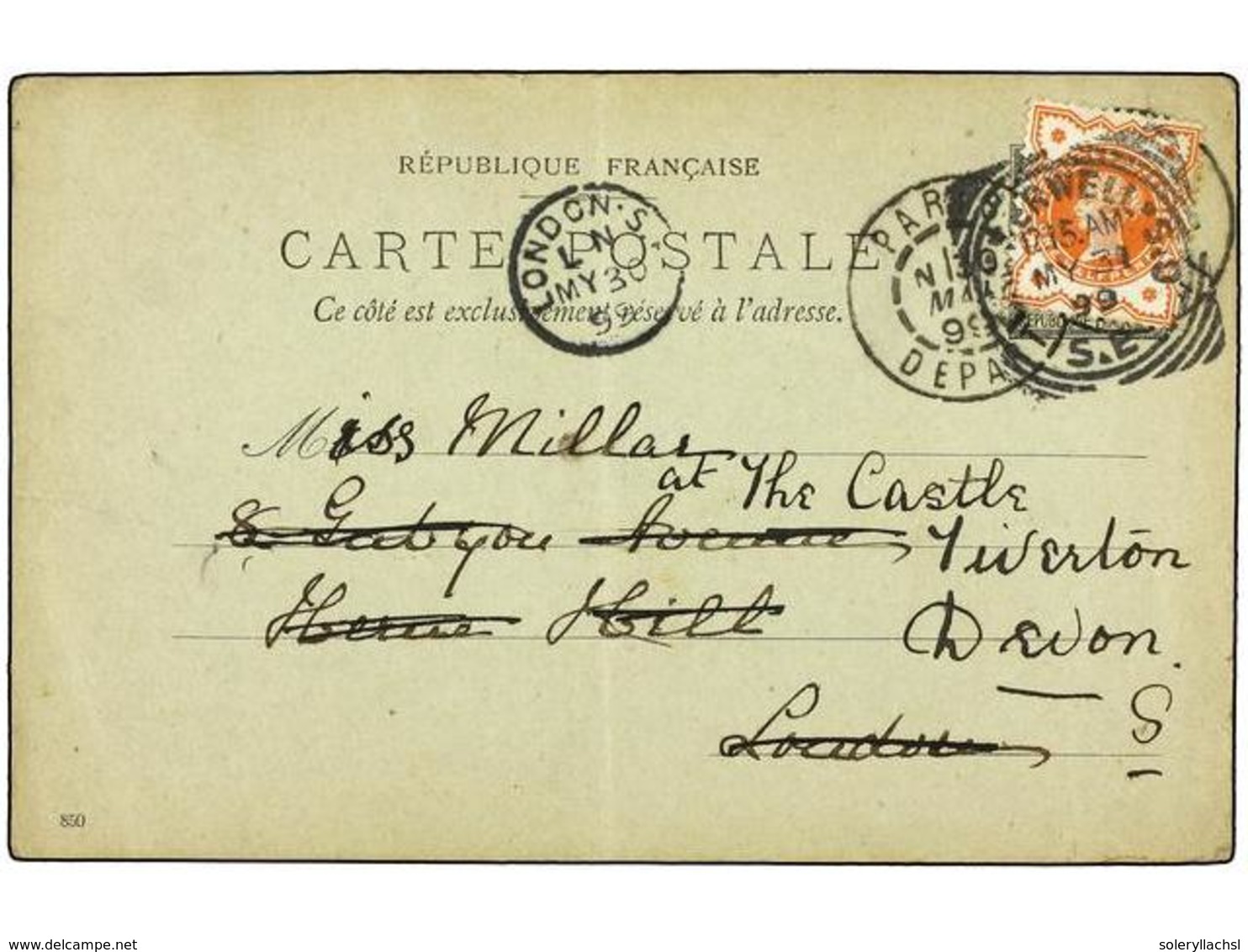 1922 FRANCIA. 1899. PARIS To LONDON. <B>10 Cts.</B> Black French Postal Stationery Card Redirected To DEVON With British - Other & Unclassified