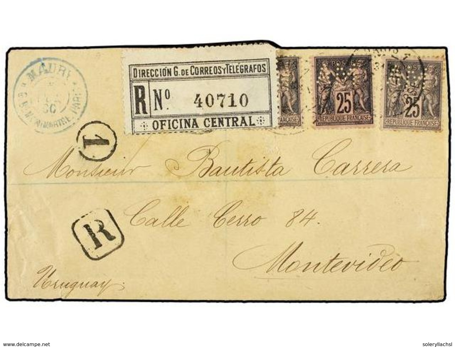 1925 FRANCIA. Yv.97 (3). 1900. PARÍS A MONTEVIDEO (Uruguay). <B>25 Cts.</B> Negro (3) Con Perforación <B>'AM'</B>. Carta - Sonstige & Ohne Zuordnung