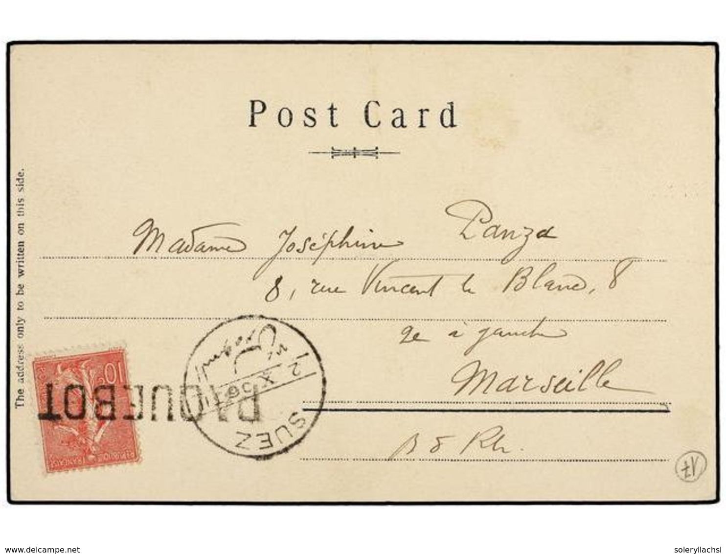 1934 FRANCIA. 1906. SUEZ A MARSELLA. <B>10 Cts.</B> Rosa, Mat. Lineal <B>PAQUEBOT</B> Y Fechador <B>SUEZ.</B> (Salles 19 - Other & Unclassified