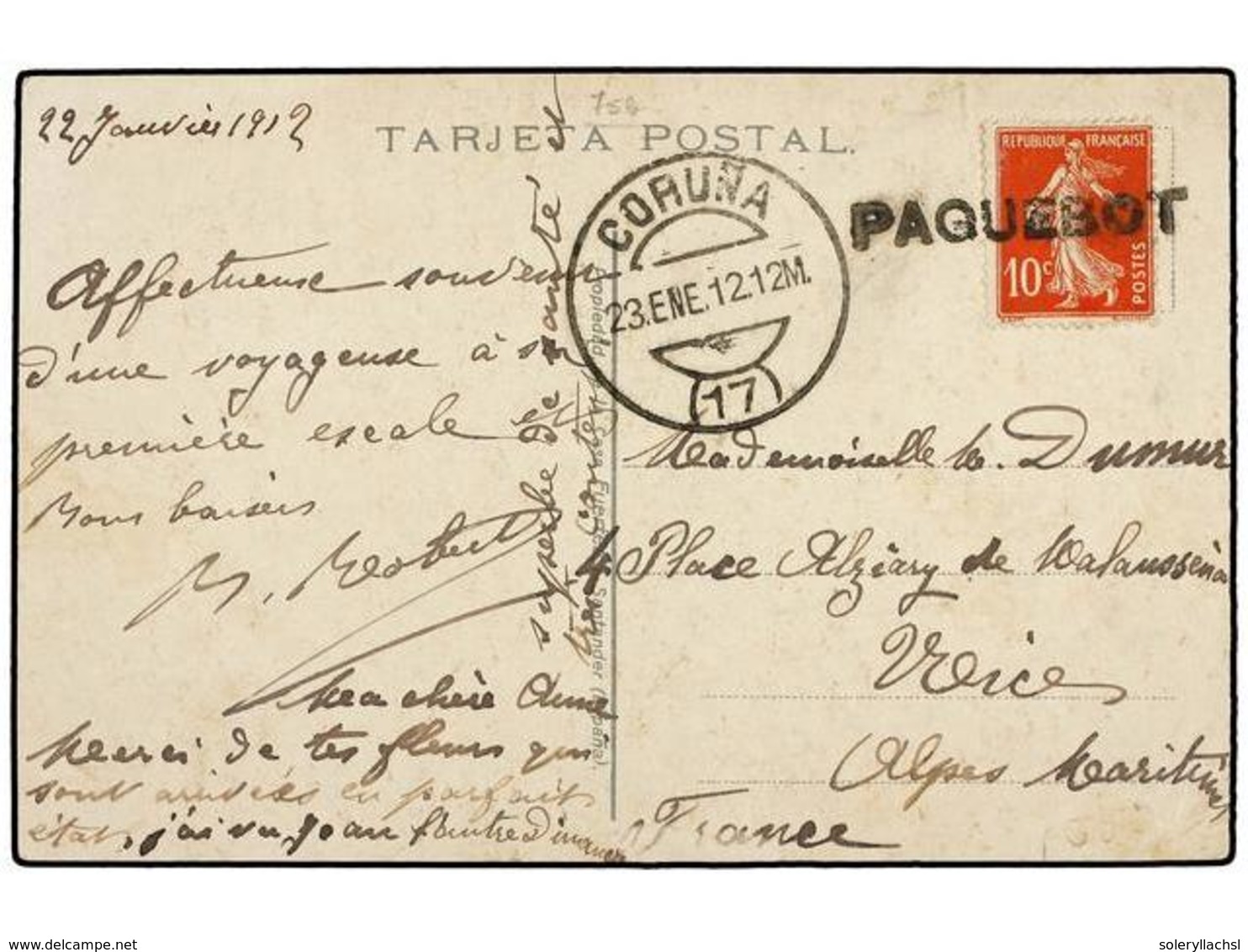 1937 FRANCIA. 1912. Tarjeta Postal De SANTANDER Escrita A Bordo De Un Buque Francés, Sello De <B>10 Cts.</B> Rojo, Mat.  - Sonstige & Ohne Zuordnung