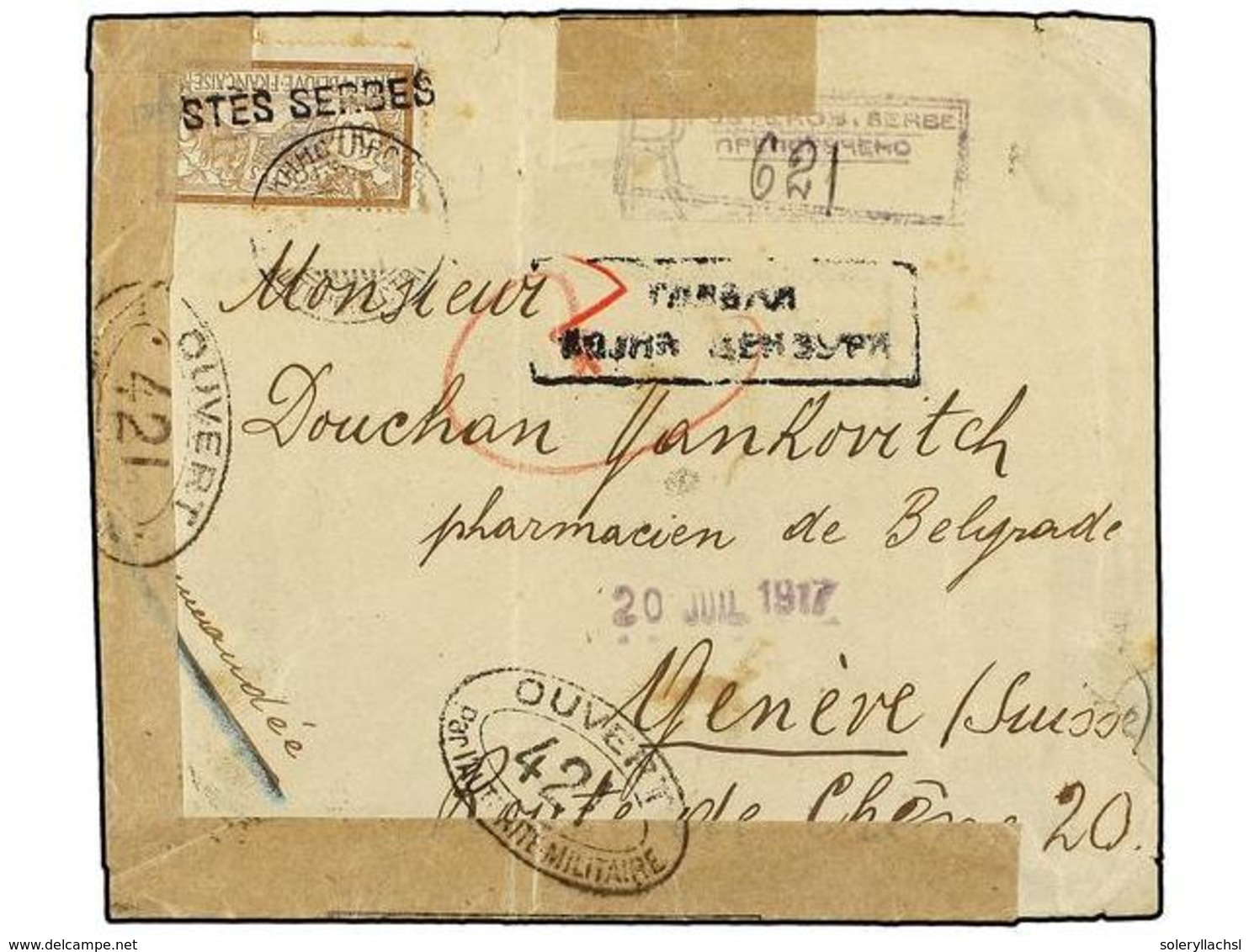 1942 FRANCIA. 1917. POSTES SERBES. Circulada A GENEVE Con Sello Francés <B>50 Cts.</B> Castaño, Mat. Lineal <B>POSTES SE - Sonstige & Ohne Zuordnung