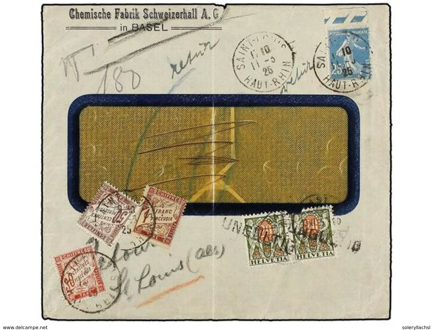 1945 FRANCIA. 1925. ST. LOUIS To BASEL. <B>25 Cts.</B> Blue Taxed With Swiss <B>20 Cts.</B> (2) Stamps (one Fault), Cove - Other & Unclassified