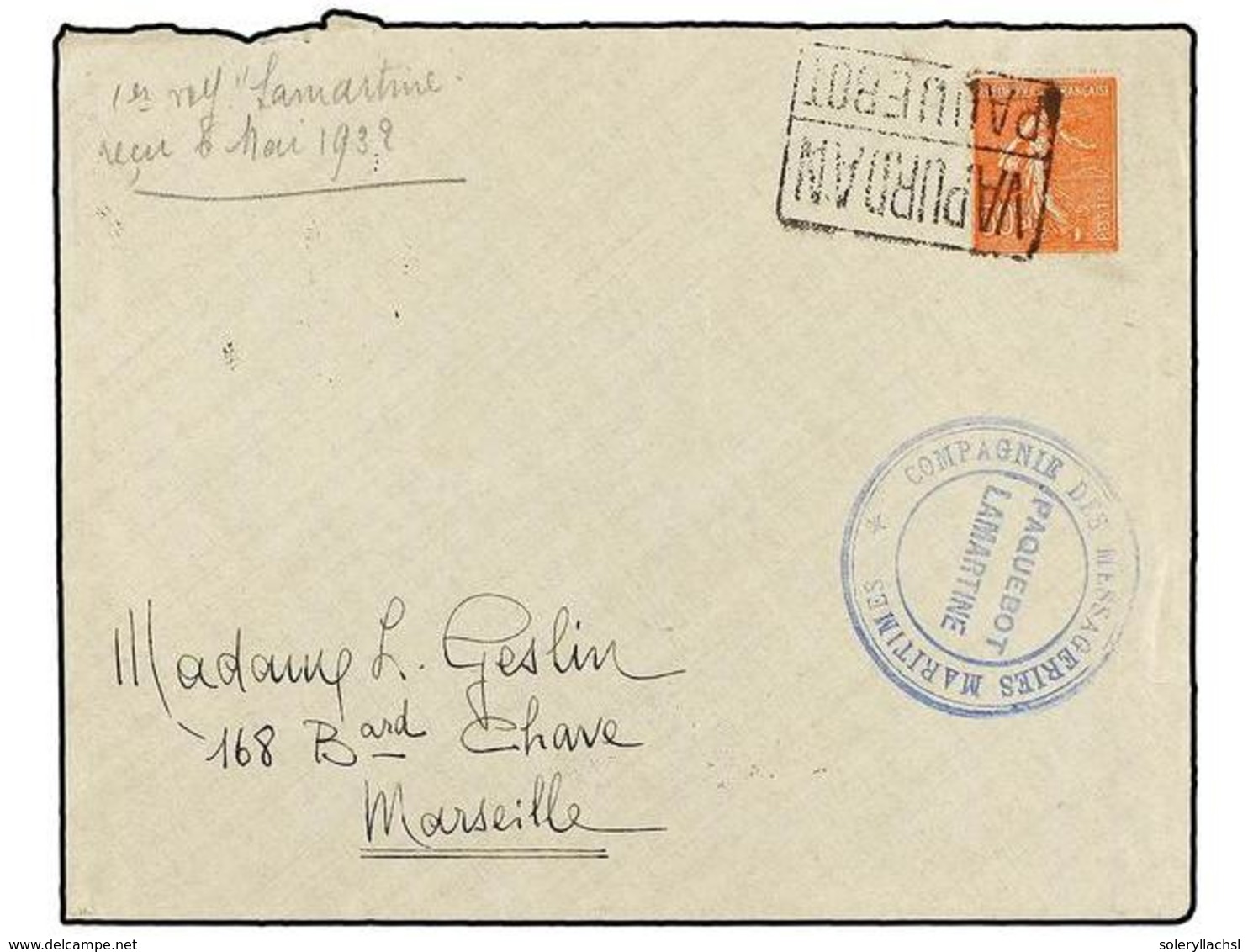 1951 FRANCIA. 1932. ISTAMBUL A MARSELLA.<B> 50 Cts.</B> Naranja, Mat. Rectangular<B> VAPURDAN/PAQUEBOT</B> Y Circular <B - Other & Unclassified