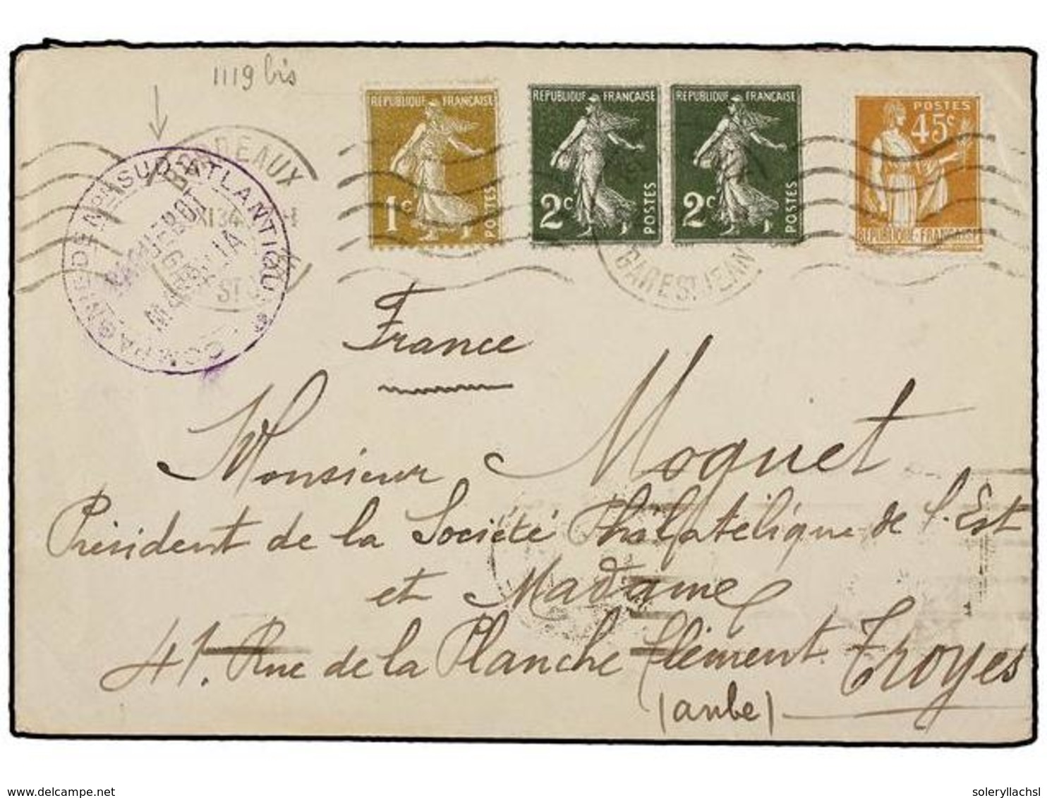 1952 FRANCIA. 1934 (Nov). Cover Bearing Sower Issue <B>1c.</B> Ochre And <B>2c. </B>deep Grey Green Pair With 1932 <B>45 - Other & Unclassified