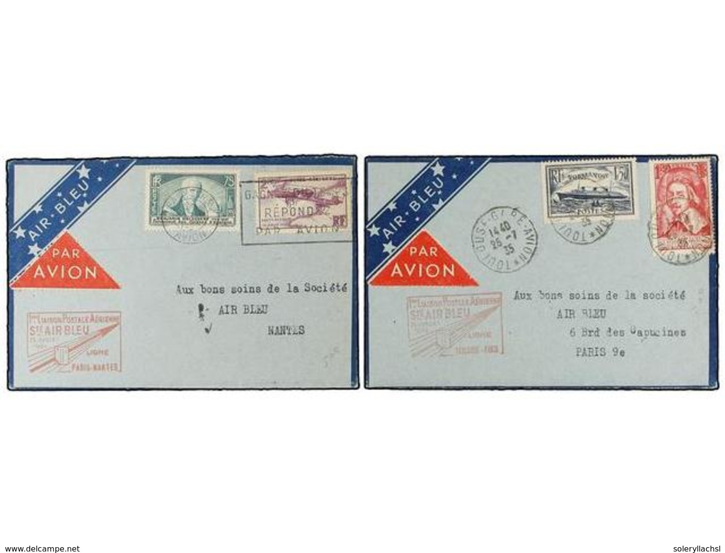 1954 FRANCIA. 1935. <B>AIR BLEN.</B> Primeros Vuelos. Dos Sobres<B> PARIS-NANTES</B> Y <B>TOULOSE-PARÍS,</B> Al Dorso Ll - Sonstige & Ohne Zuordnung