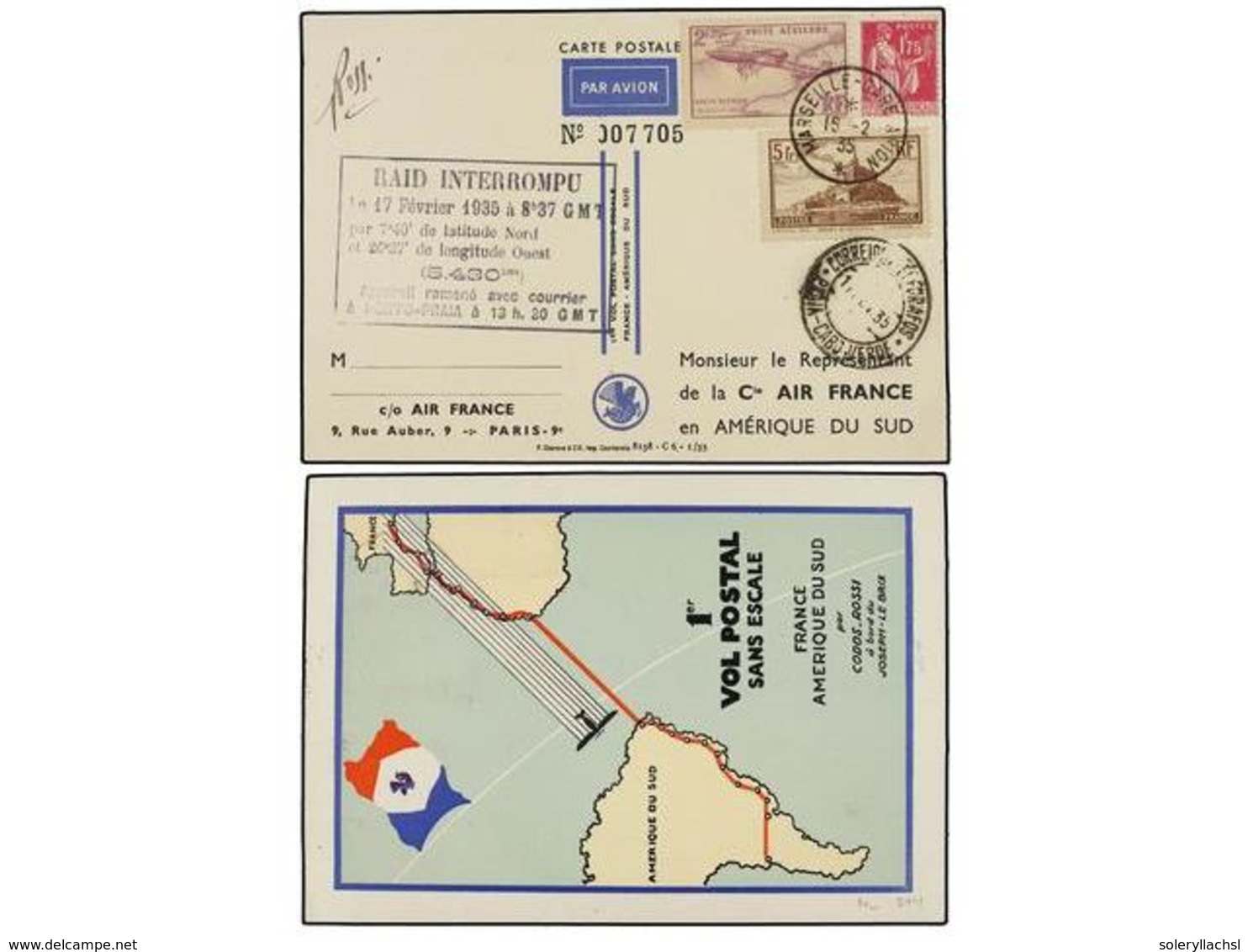 1956 FRANCIA. 1935. MARSEILLE A AMÉRICA DEL SUR.<B> </B>Primer Vuelo Marca<B> RAID INTERROMPU</B> Y Fechador De Llegada  - Sonstige & Ohne Zuordnung