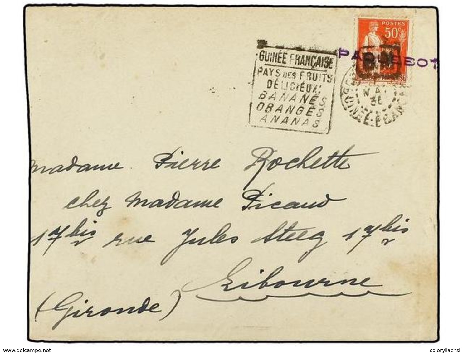 1957 GUINEA FRANCESA. 1936. GUINEA A FRANCIA. Circulada Con Sello Francés De <B>50 Cts.</B> Rojo, Habilitado <B>B.M.</B> - Other & Unclassified