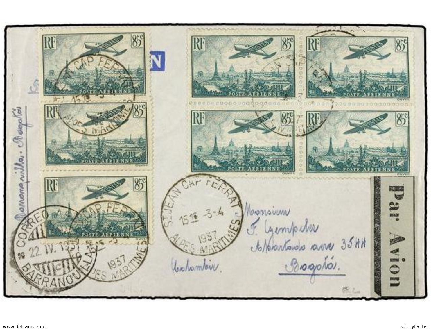 1959 FRANCIA. Yv.A-8(7). 1937. ST. JEAN CAP FERRAT A COLOMBIA. <B>85 Cts.</B> Verde (7), Al Dorso Llegada. MAGNÍFICA. F. - Other & Unclassified