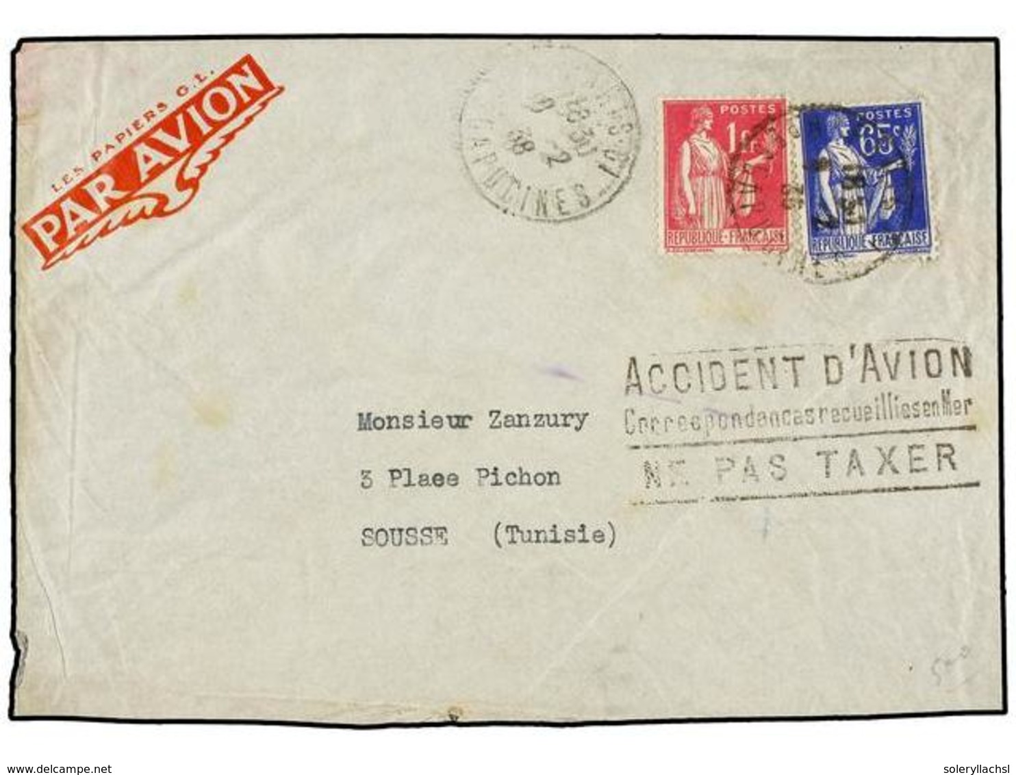 1962 FRANCIA. 1938 (9-2). PARÍS A SOUSSE (Tunisie). <B>65 Cts.</B> <B>1 Fr.</B> Marca<B> ACCIDENT D'AVION CORRESPONDANCE - Sonstige & Ohne Zuordnung