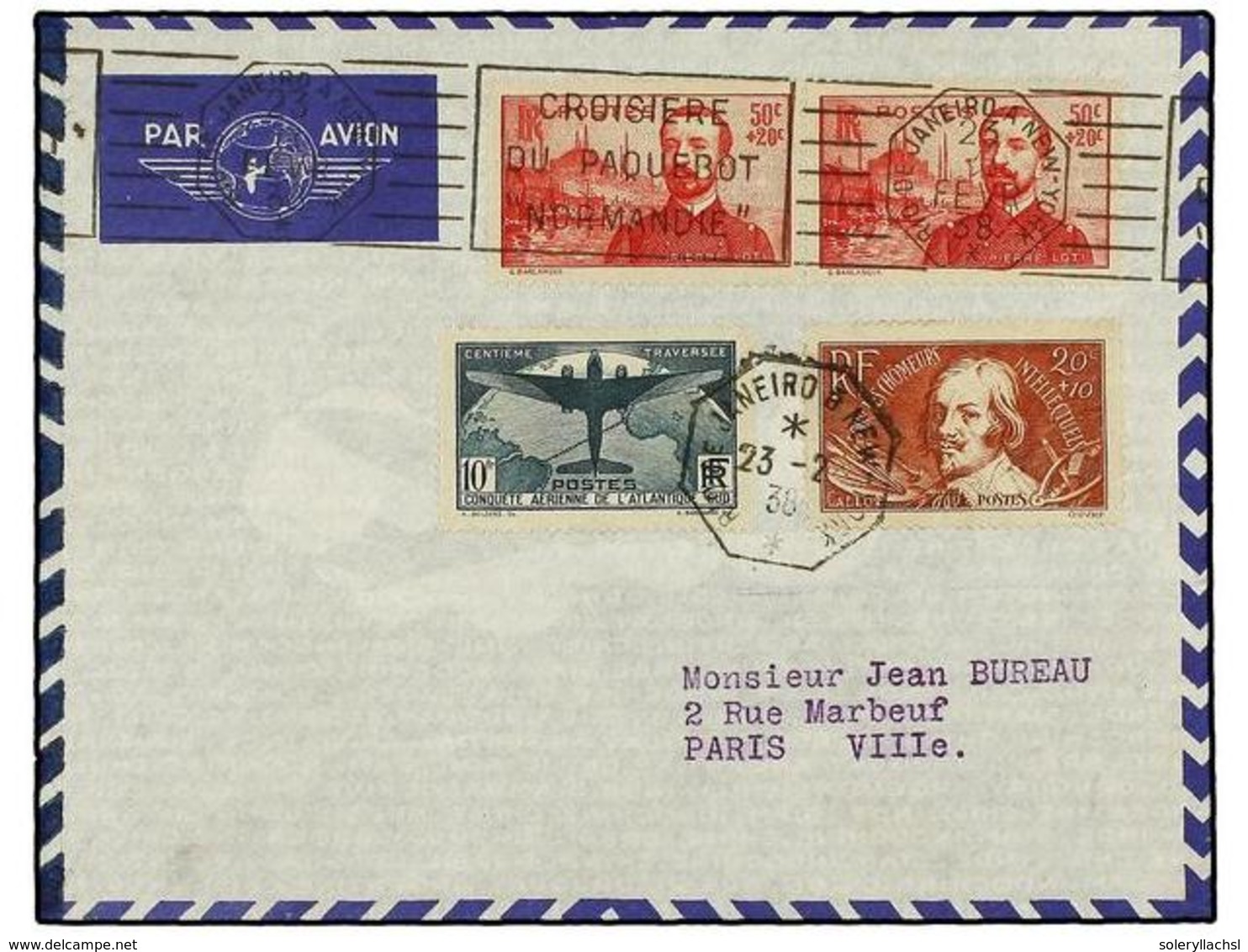 1963 FRANCIA. Yv.321, 330, 353 (2). 1938 (23 Febrero). RIO DE JANEIRO A PARÍS. Circulada Con Sellos Franceses, Mat. Del  - Other & Unclassified