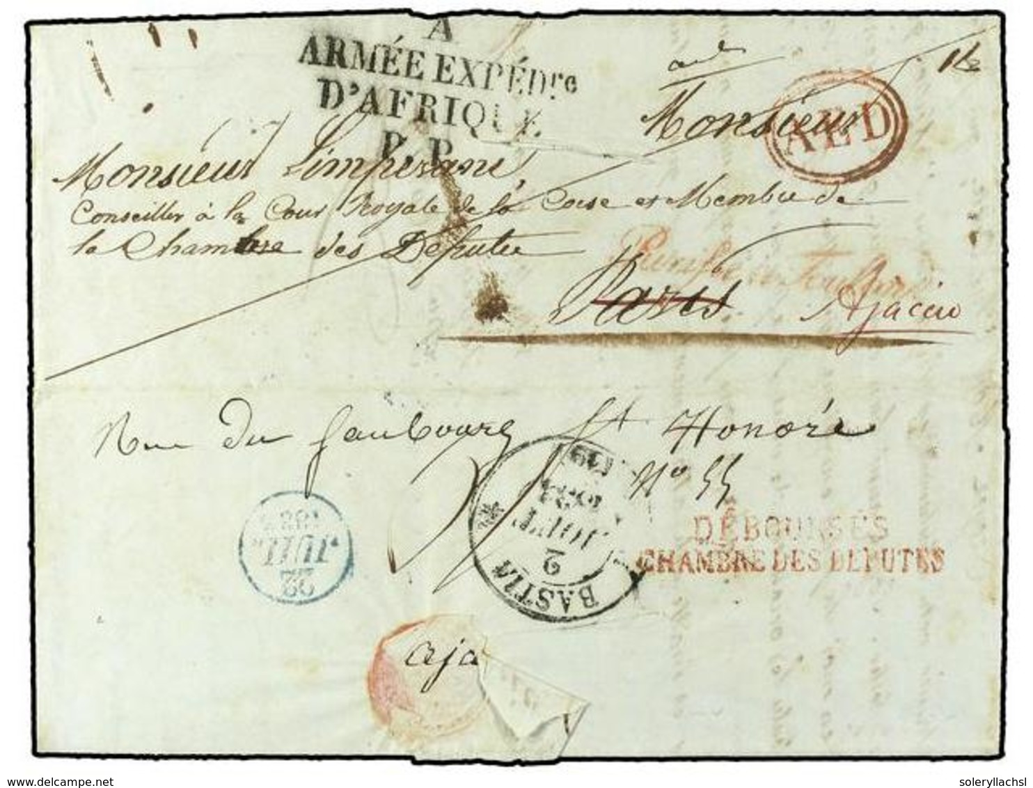 1979 ARGELIA. 1833 (15 Jul.). Folded Letter From ALGERIA, Sent To PARIS And Redirected To CORSICA. Front Shows Very Fine - Sonstige & Ohne Zuordnung