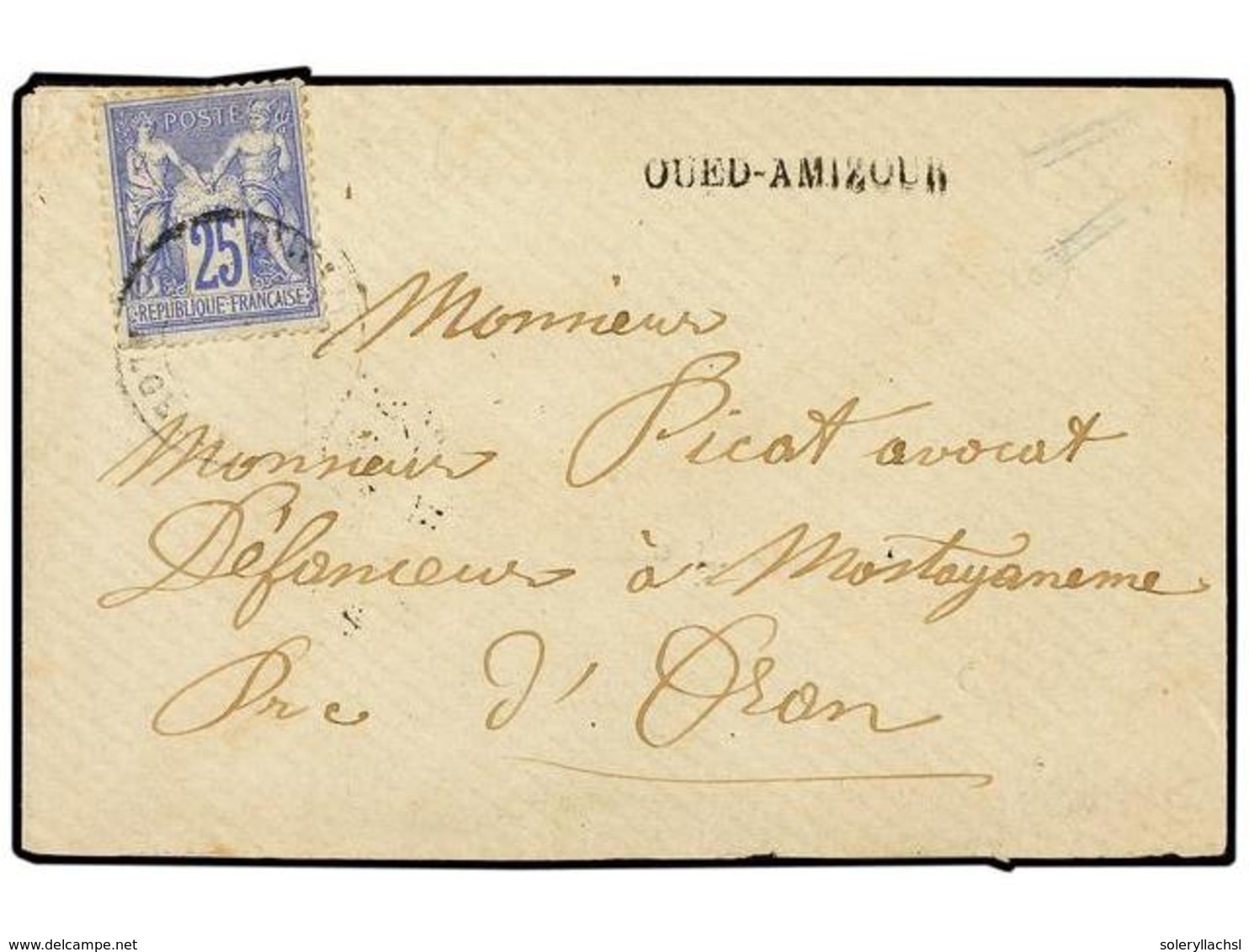 1987 ARGELIA. 1877. Sobre Dirigido A ORÁN Con Sello De <B>25 Cts.</B> Ultramar, Fechador Ilegible Y Marca Lineal Al Lado - Other & Unclassified