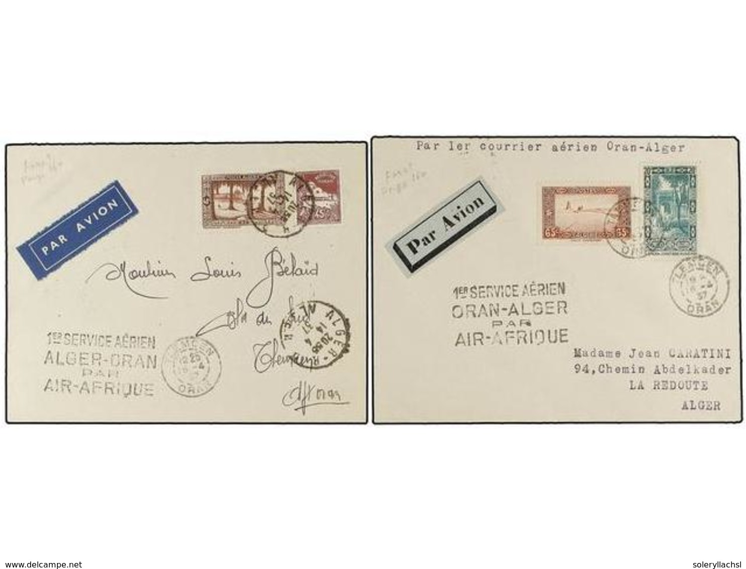 1992 ARGELIA. 1937 (14-16 De Abril). ALGER A TLEMCEN.<B> </B>Dos Cartas Circuladas En El Primer Vuelo <B>ALGER-ORAN</B>  - Sonstige & Ohne Zuordnung