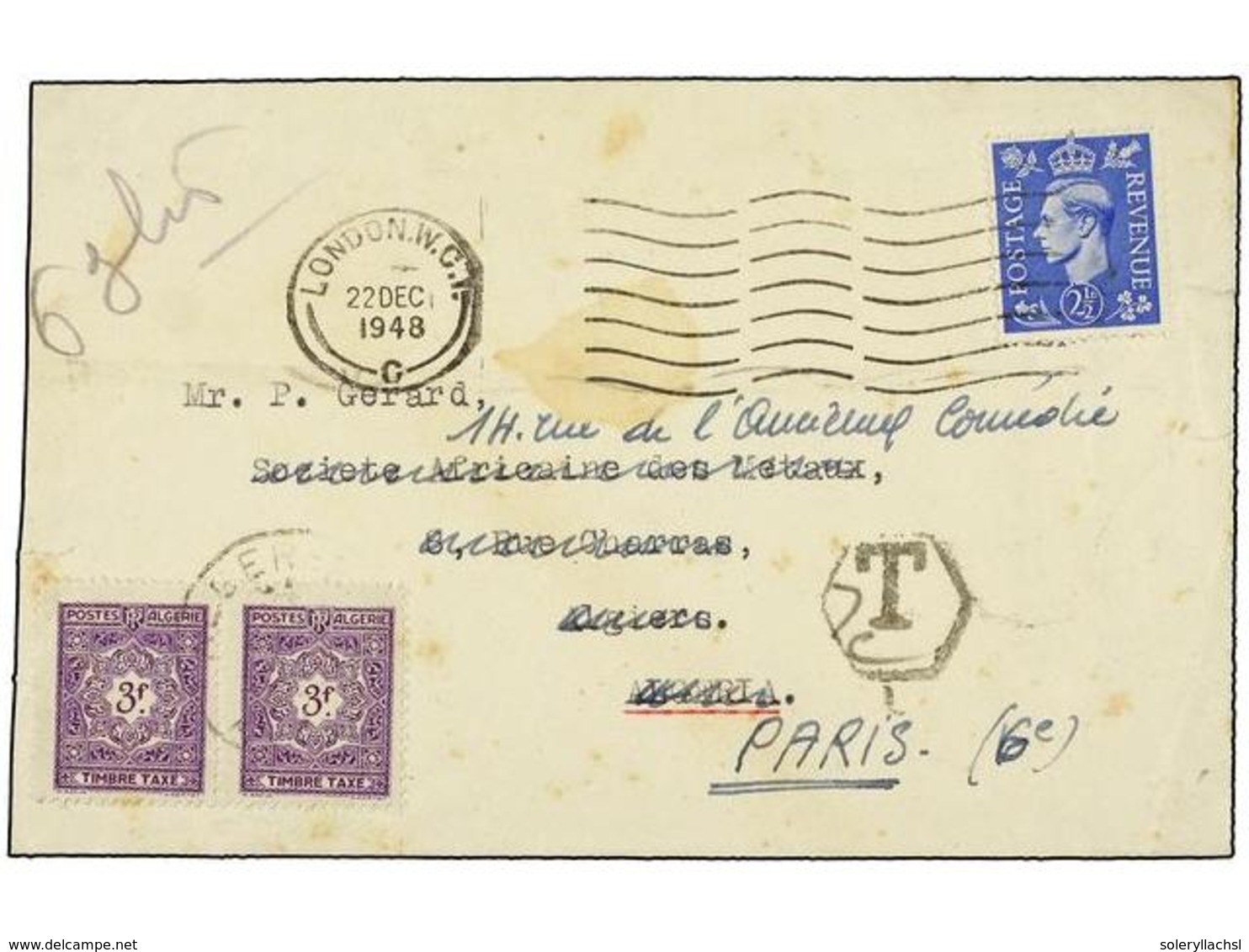 1993 ARGELIA. 1948. LONDON To ALGERIA. <B>2 1/2 D.</B> Blue, Taxed On Arrival With Algeria <B>3 Fr.</B> Lilac (2) Stamps - Other & Unclassified