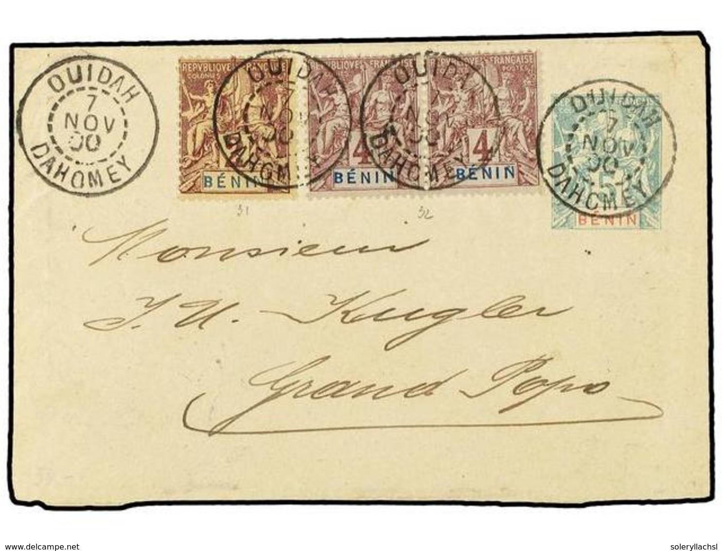 1998 BENIN. 1900 (Nov 7). Benin <B>5c</B>. Green & Red Stationery Envelope Used To Grand Popo, Up-rated With 1894 <B>2c< - Sonstige & Ohne Zuordnung