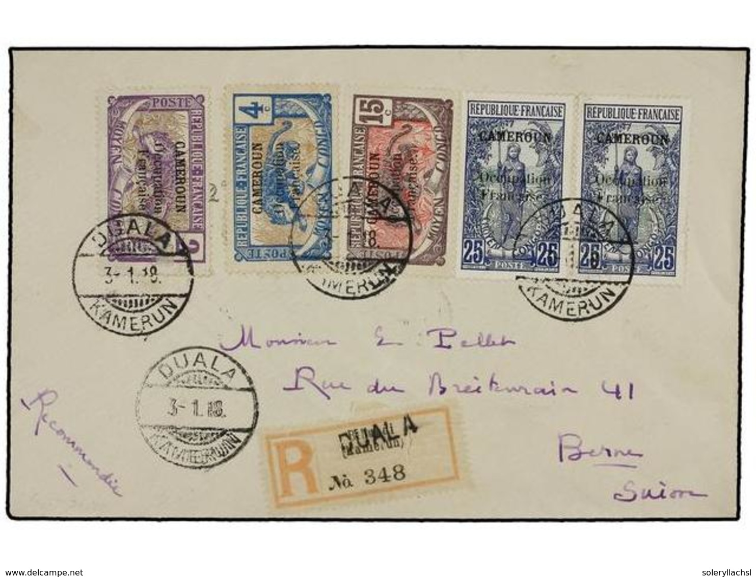 2003 CAMERUN. 1918. DUALA A SUIZA. <B>2 Cts., 4 Cts., 15 Cts. Y 25 Cts. </B>Carta Certificada, Al Doso Llegada. - Other & Unclassified