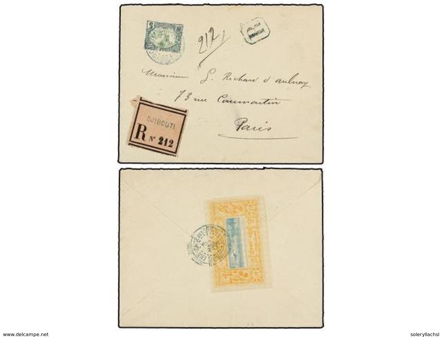 2010 COSTA DE LOS SOMALIES. 1904. Registered Envelope To France Bearing <B>40 Cent</B> Orange And Blue (Yvert 14) And<B> - Other & Unclassified