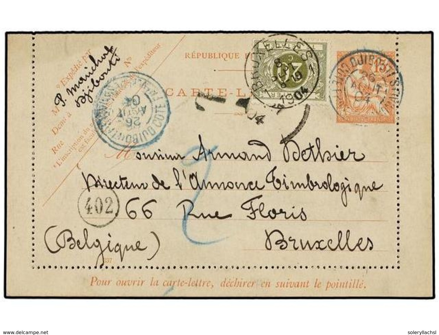 2011 COSTA DE LOS SOMALIES. 1904. DJIBOUTI A BÉLGICA. Entero Postal Francés De <B>15 Cts.</B> Naranja Tasada A La Llegad - Other & Unclassified