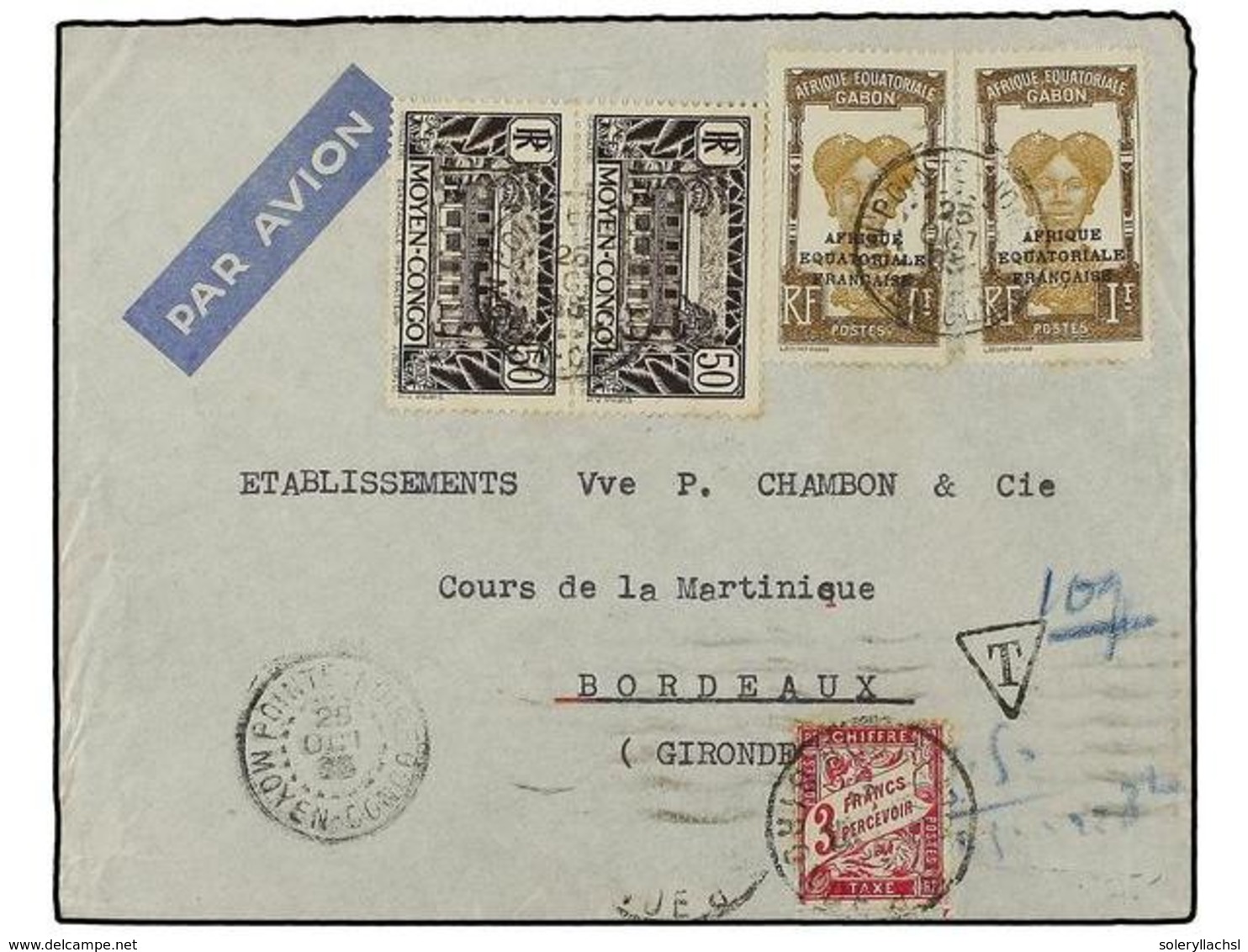 2014 CONGO FRANCES. 1935. POINTE NOIRE A FRANCIA. <B>50 Cts. (2) Y 1 Fr. (2) </B>(Gabón), Tasada A La Llegada Con Sello  - Sonstige & Ohne Zuordnung