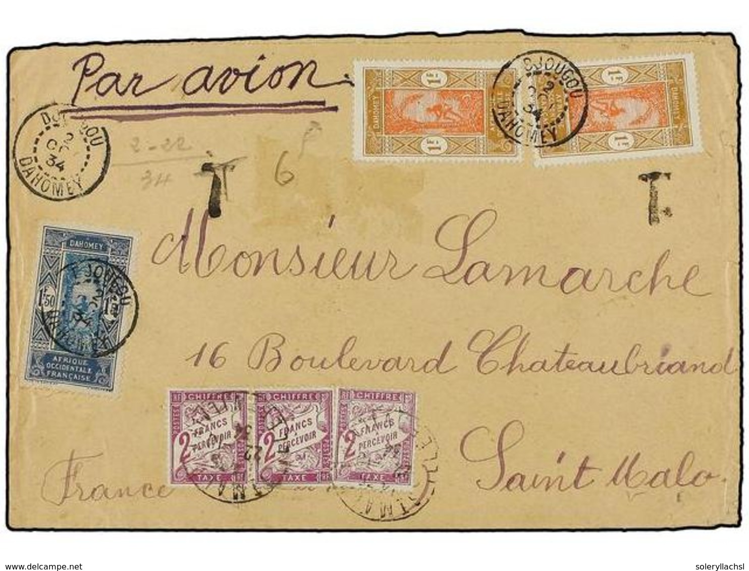 2017 DAHOMEY. 1934. DJOUGOU A FRANCIA. <B>1 Fr.(2) Y 1,50 Fr.,</B> Tasada A La Llegada Con 6 Fr., Pagados Con Sellos Fra - Other & Unclassified