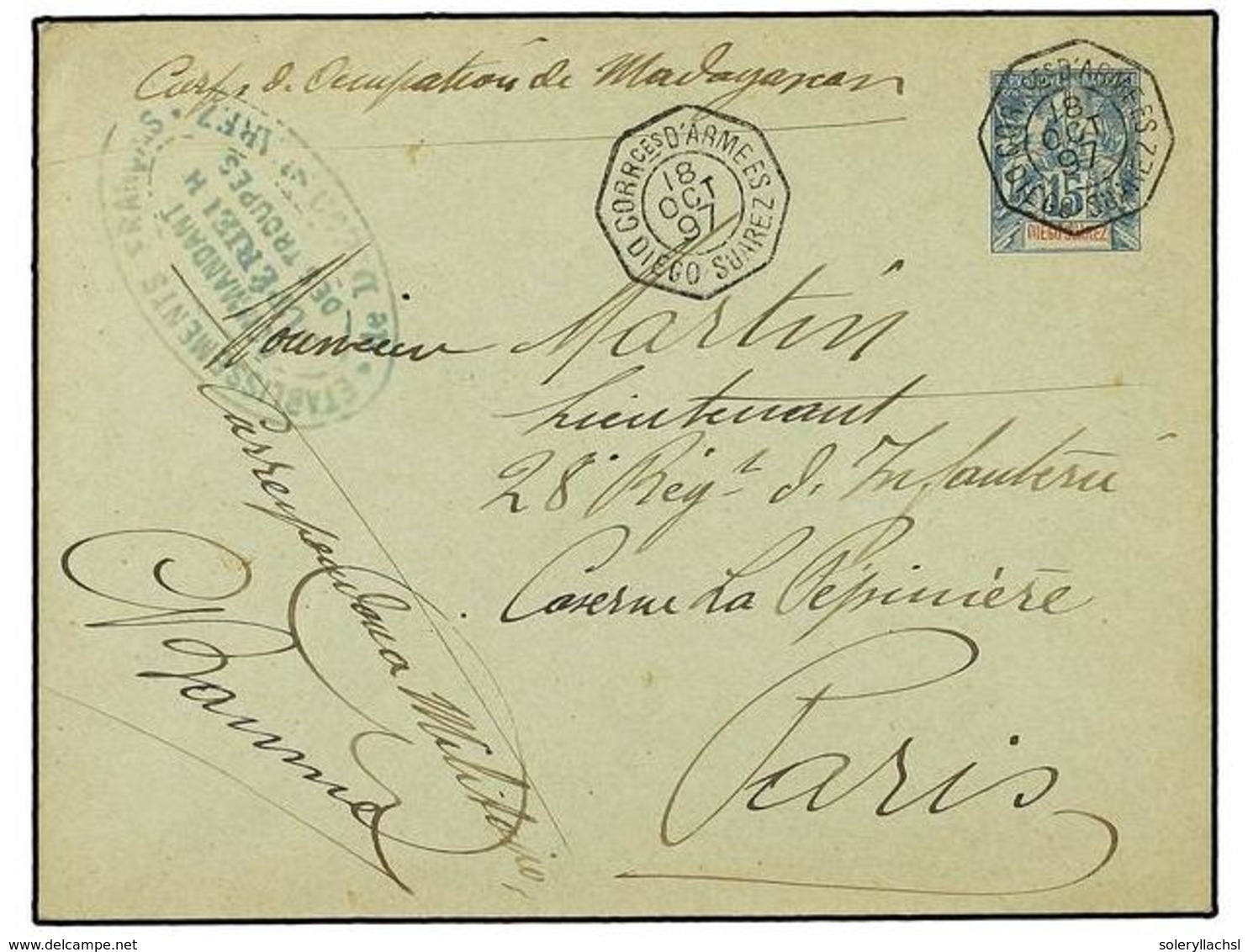 2019 DIEGO-SUAREZ. 1897 (Oct 18). <B>15c.</B> Blue On Greenish Postal Stationery Envelope Used To PARIS, Endorsed 'Corps - Autres & Non Classés