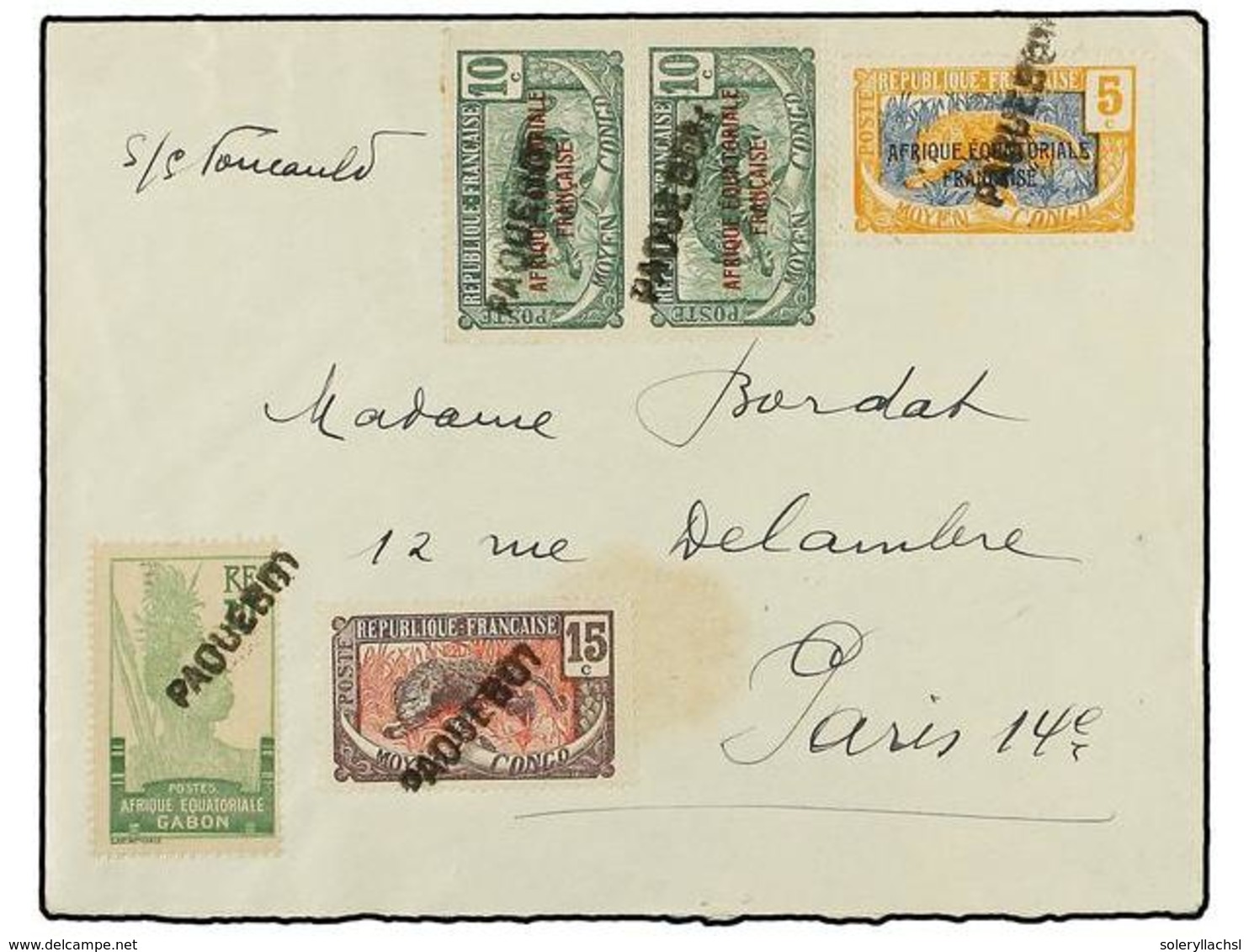 2023 GABON. 1934. SOBRE Circulado A PARÍS. <B>5 Cts., 10 Cts. </B>(3) Y <B>15 Cts. </B>Mat. Lineal <B>PAQUEBOT</B>. Al D - Sonstige & Ohne Zuordnung