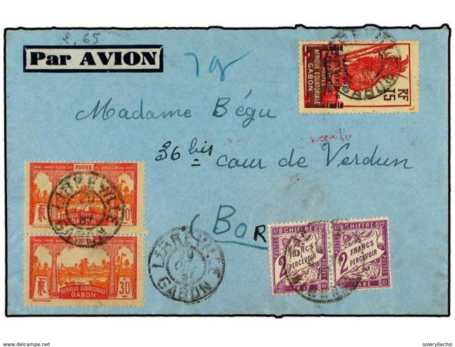 2024 GABON. 1937. Airmail Cover To FRANCE With 1922 <B>30 C.</B> Rose & Red Pair And 1924 Overprinted <B>15 C.</B> Brown - Andere & Zonder Classificatie