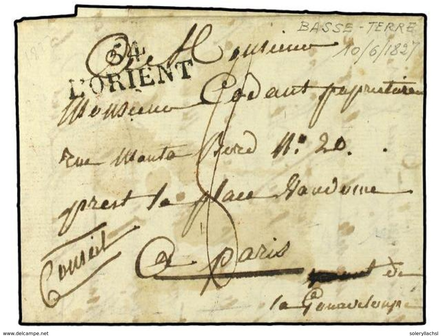 2028 GUADALUPE. 1827. BASSE TERRE (Guadalupe) A PARIS. Marca Manuscrita 'De La Guadalupe' Y Marca De Entrada <B>54/L'ORI - Other & Unclassified