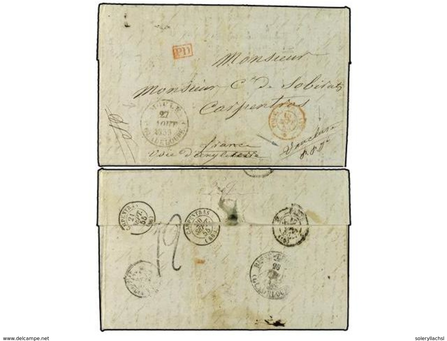 2035 GUADALUPE. 1855. ST. FRANÇOISE A FRANCIA. Carta Pagada En Origen, Marca <B>'12'</B> (decimas) Al Dorso Y <B>P.D.</B - Other & Unclassified