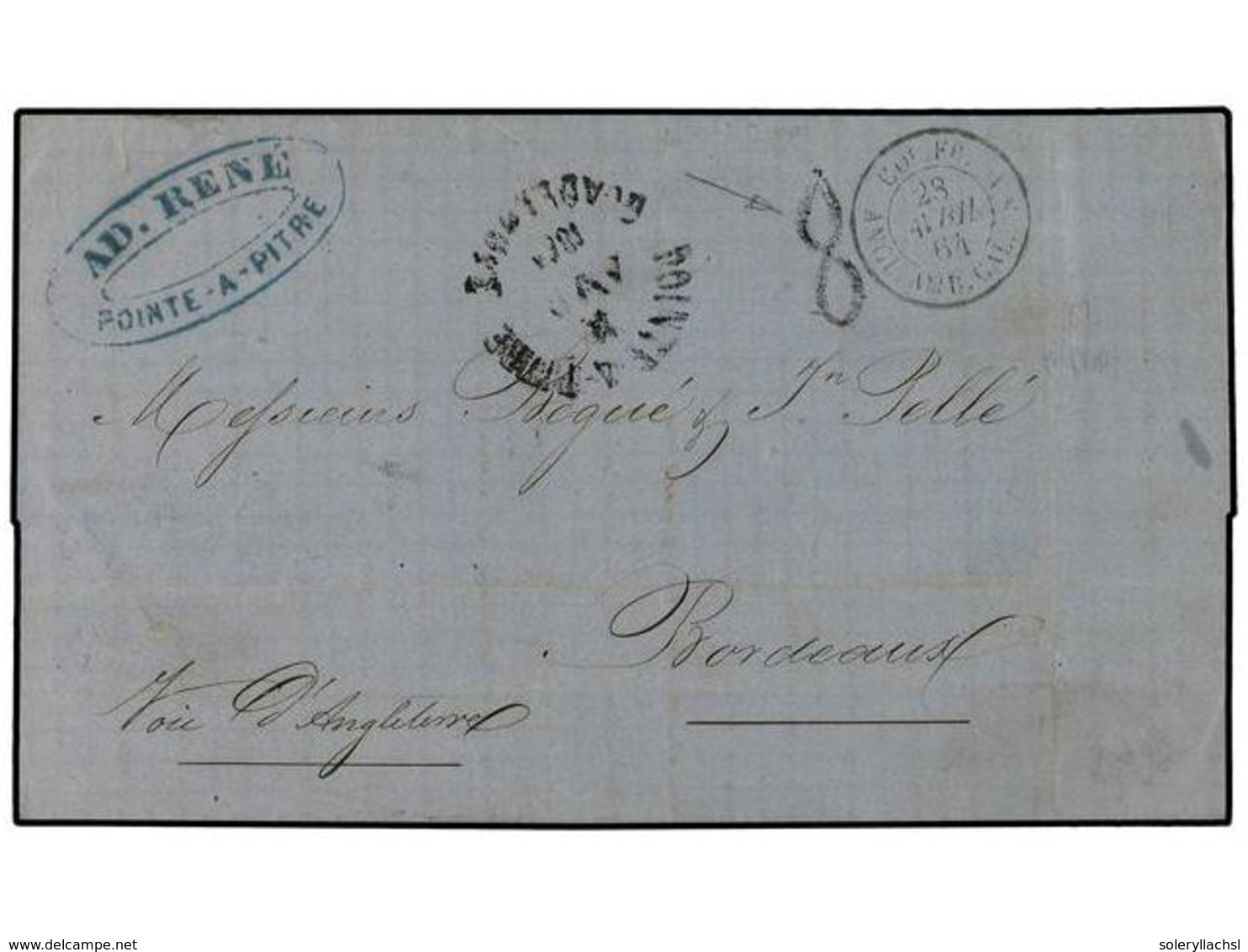 2038 GUADALUPE. 1864. POINTE A PITRE A FRANCIA. Fechador <B>POINTE A PITRE/GUADALUPE </B>y Tasa De Fabricación Local '8' - Other & Unclassified