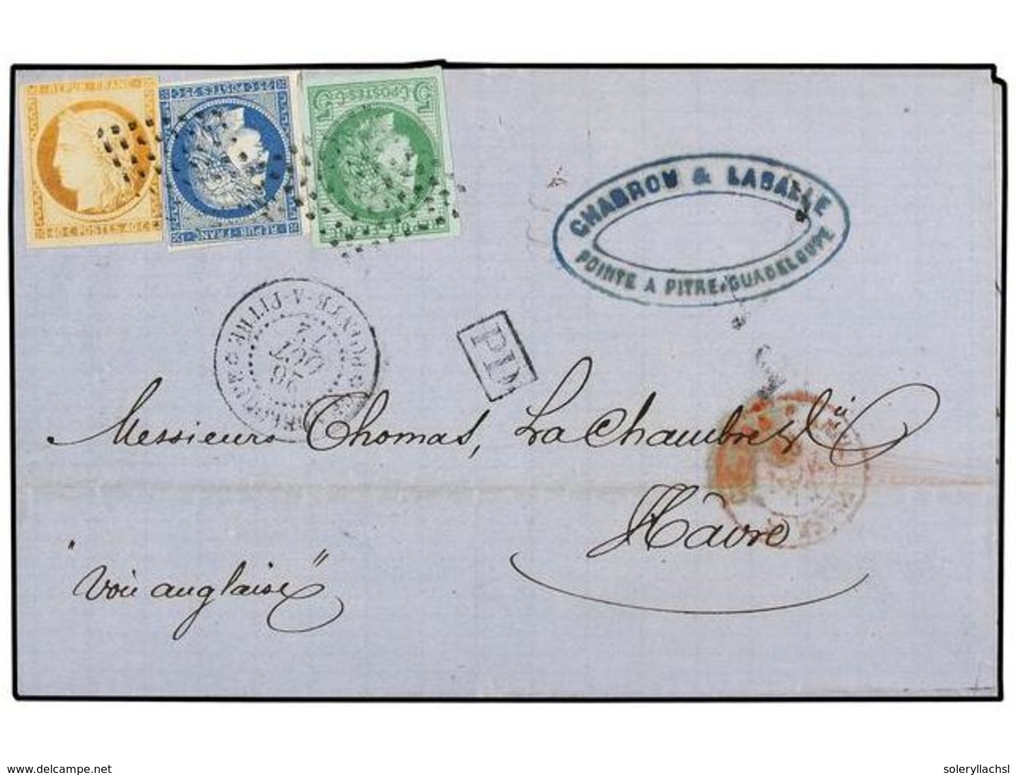 2044 GUADALUPE. 1872 (Oct 26). Cover From Pointe A Pitre To Le Havre With Delightful Three Colour Franking Of 1871 <B>40 - Sonstige & Ohne Zuordnung