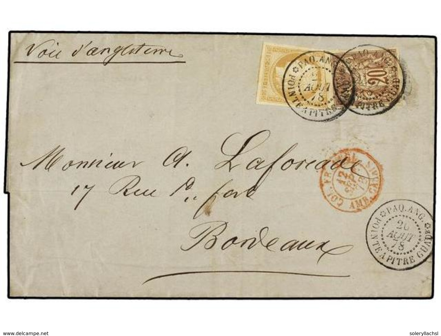 2052 GUADALUPE. Ce.19+34. 1878 (Aug 26). Cover To BORDEAUX By British Packet With Mixed Issue Franking Of Ceres 1872-77  - Other & Unclassified