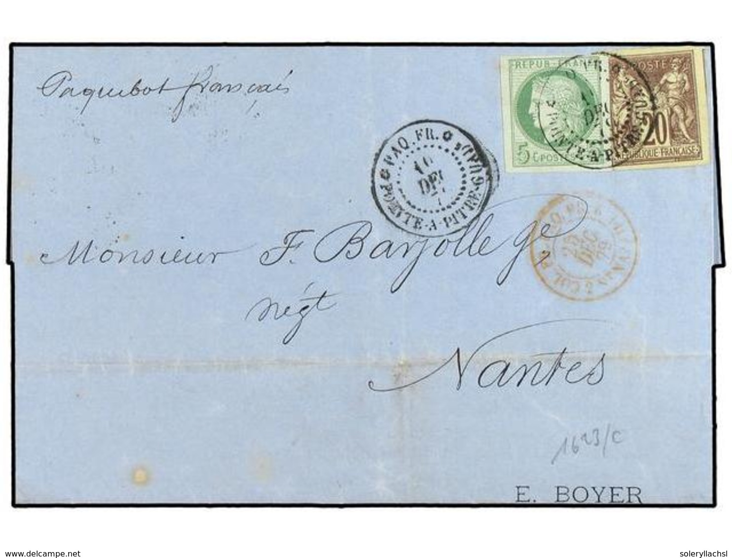 2054 GUADALUPE. 1879. Envelope To France Bearing French General Colonies Ceres <B>5 Cents</B> Green (Yvert 17) Mixed Wit - Other & Unclassified