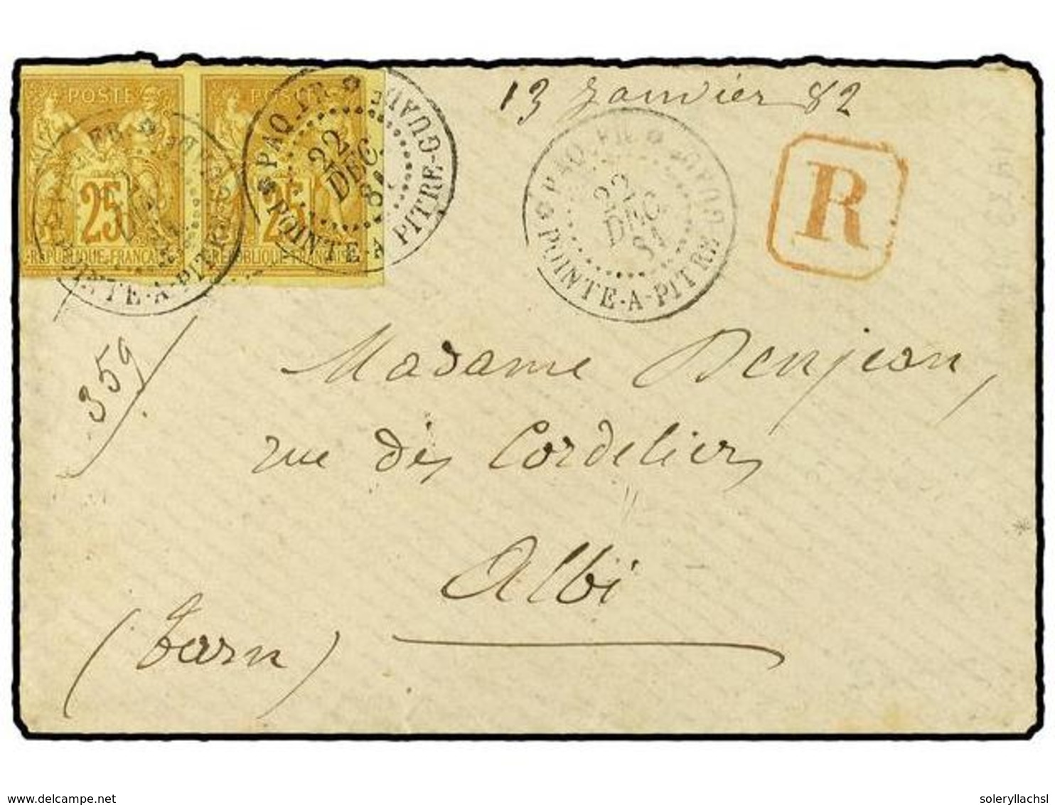 2056 GUADALUPE. 1881. POINTE A PITRE A FRANCIA. Circulada Con Una Pareja Del <B>25 Cts.</B> Bistre De Colonias. Carta Ce - Other & Unclassified