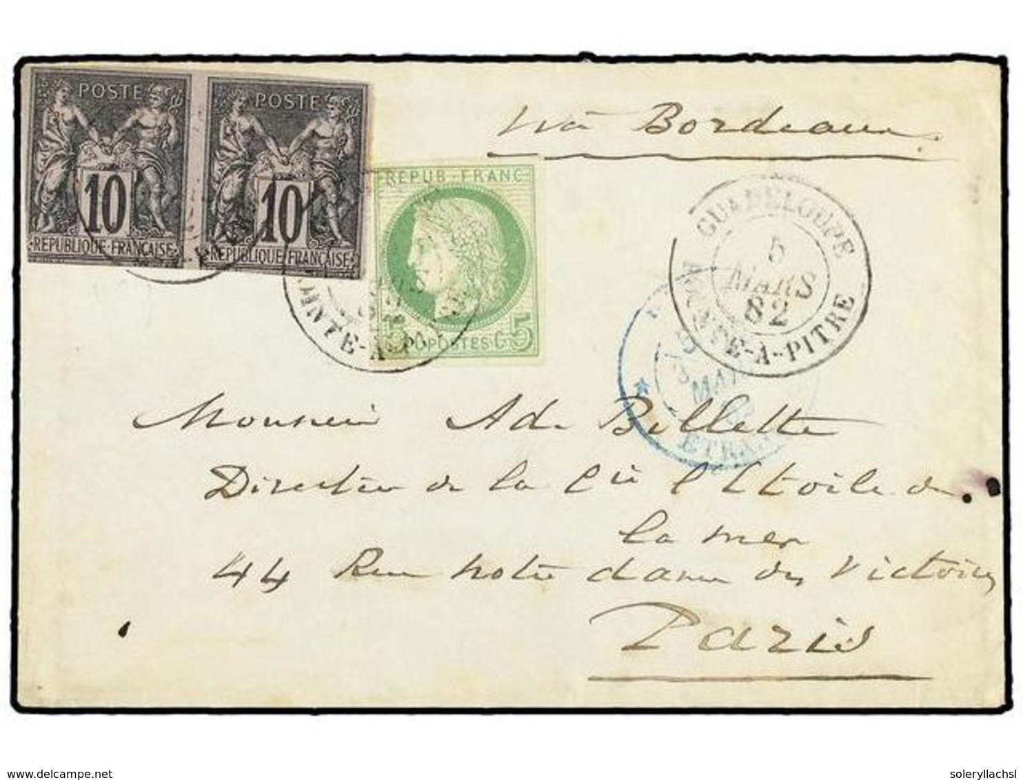 2057 GUADALUPE. 1882 (March 5). Cover To PARIS Franked By General Issues 1872-77 <B>5c.</B> Green And Touched Horizontal - Other & Unclassified