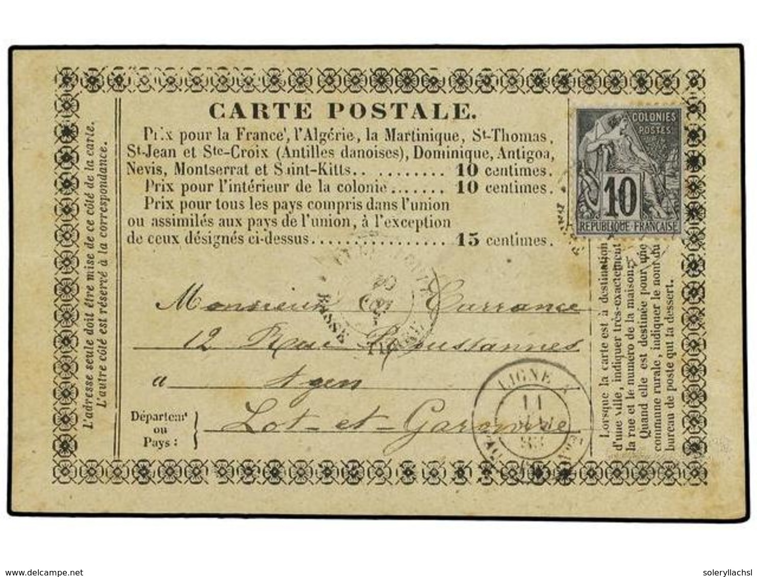 2059 GUADALUPE. 1883. Postal Stationary Card Addressed To France Bearing French General Colonies <B>10 C</B> Black/lilac - Other & Unclassified