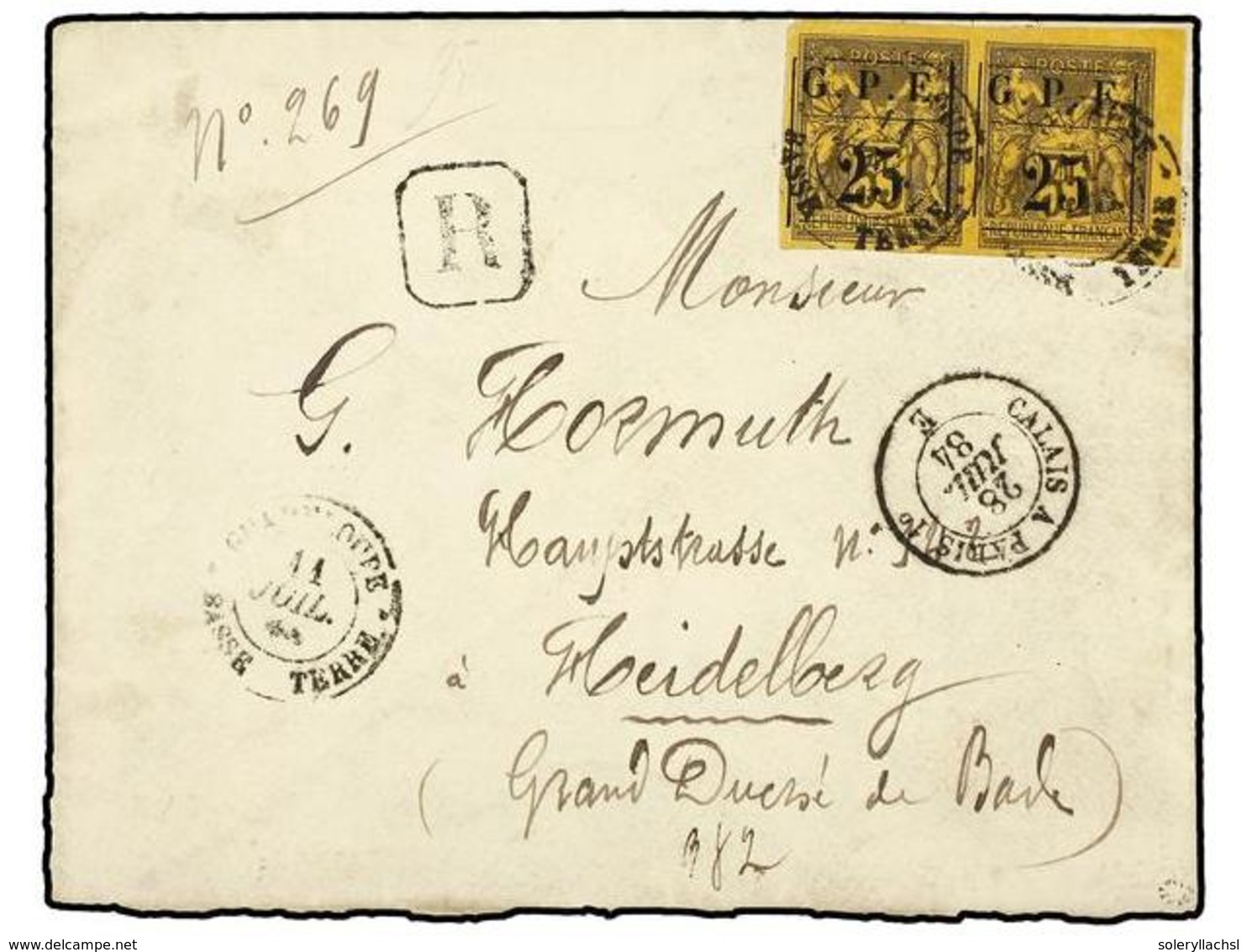 2063 GUADALUPE. 1884 (July 11). Cover Sent Registered To HEIDELBERG (Baden) Franked By Imperforate Pair Of Provisional 1 - Sonstige & Ohne Zuordnung