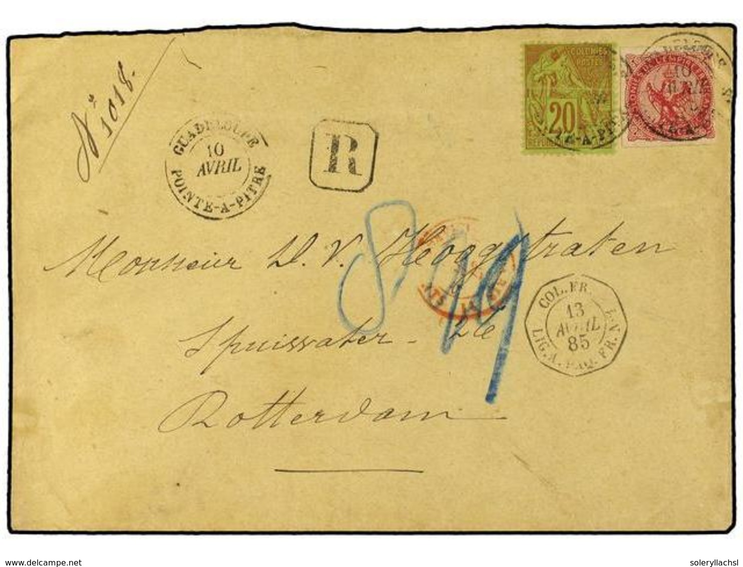 2064 GUADALUPE. 1885 (April 10). Registered Cover To Rotterdam Franked By General Issues 1859-65 Eagle <B>80c</B>. Carmi - Other & Unclassified