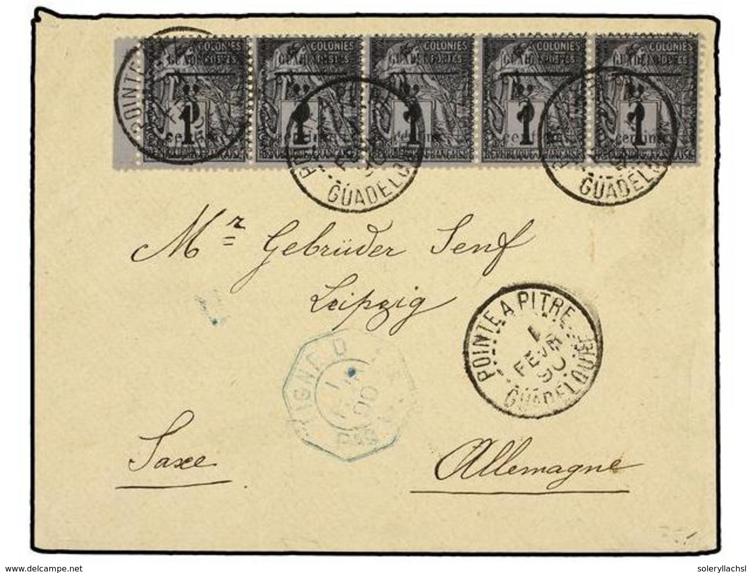 2068 GUADALUPE. Yv.6 (5). 1890. POINTE A PITRE To JAMAICA. <B>5 Cts. S. 1 Cto.</B> Black, Strip Of Five With <B>POINTE A - Sonstige & Ohne Zuordnung