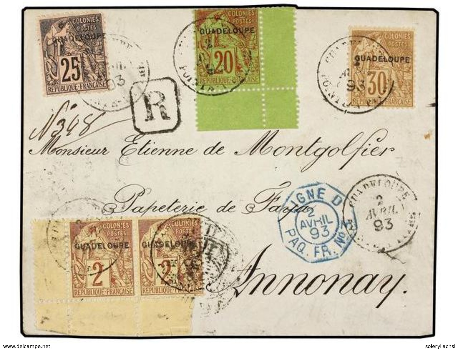 2070 GUADALUPE. Yv.15 (2), 20, 21, 22. 1893. POINTE A PITRE A FRANCIA. <B>2 Cts.</B> (2), <B>20 Cts.</B>, <B>25 Cts.</B> - Sonstige & Ohne Zuordnung