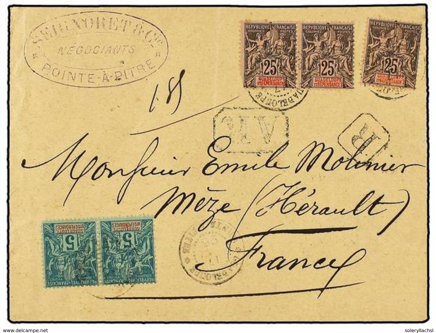 2074 GUADALUPE. 1895 (April 17). Registered-AR Cover To FRANCE Franked By 1892 <B>5c.</B> Deep Green Pair And Three <B>2 - Other & Unclassified