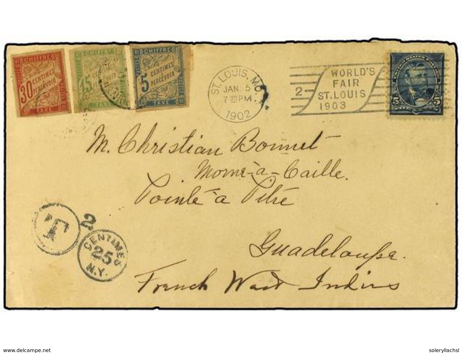 2075 GUADALUPE. 1902. Incoming Mail From The United States To Morne-Caille Bearing <B>5 Cent</B> Brown (Scott 270) Tied  - Autres & Non Classés