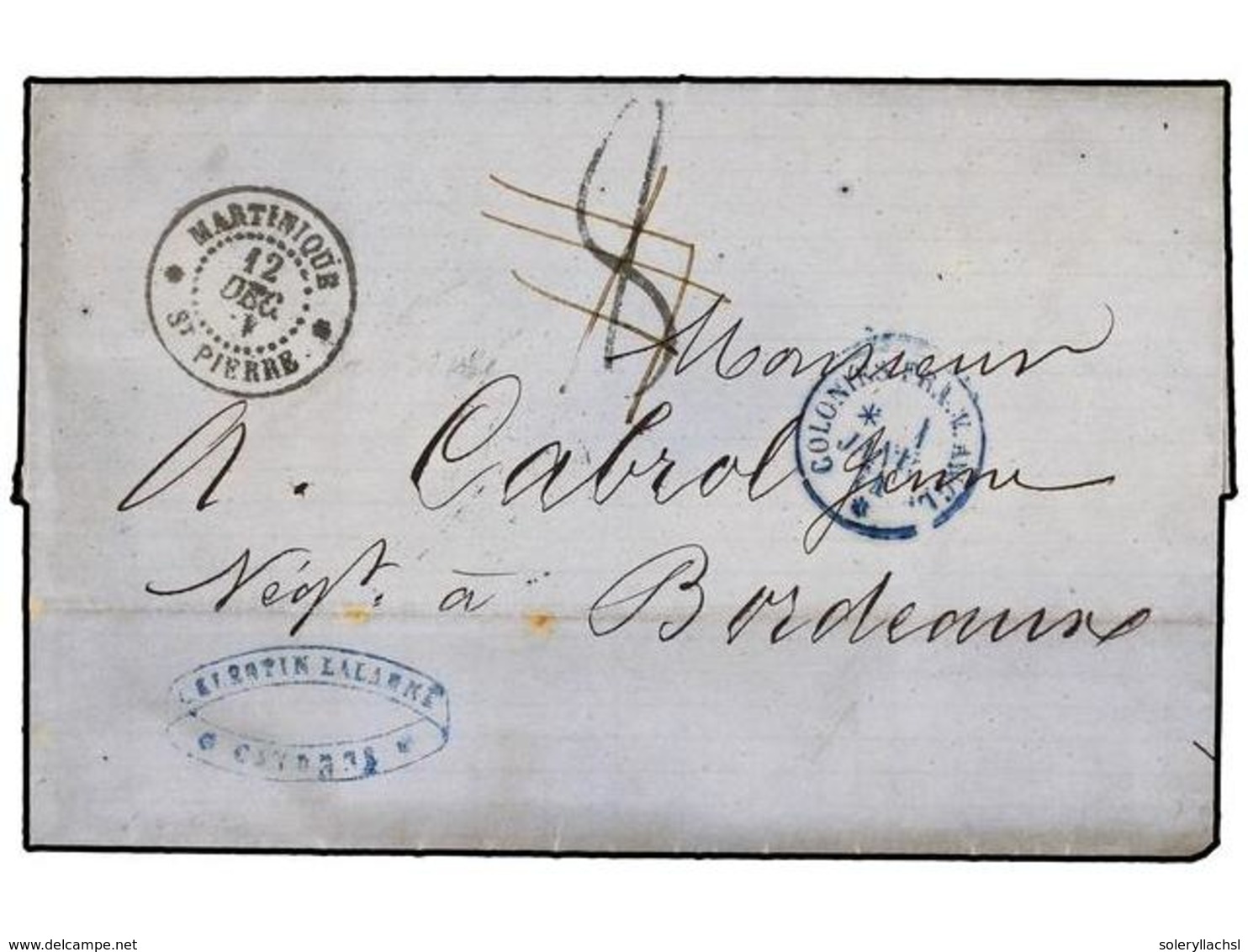 2082 GUAYANA FRANCESA. 1873 (2-Dic.). CAYENNE A BORDEAUX. Circulada Via Martinique Y Fechador De <B>ST. PIERRE. </B>Tasa - Sonstige & Ohne Zuordnung