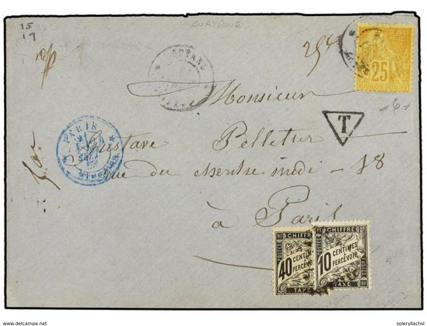 2084 GUAYANA FRANCESA. Ce.53. 1883. Cover To PARIS Franked By General Issues 1881 Dubois <B>25c.</B> Yellow Bistre Tied  - Other & Unclassified