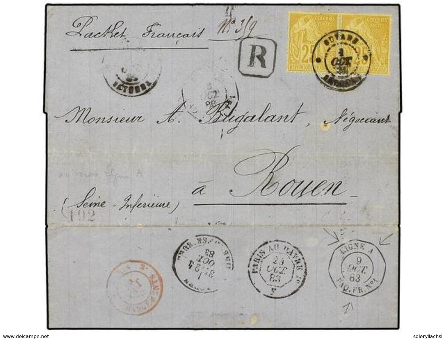 2085 GUAYANA FRANCESA. Ce.53. 1883 (Oct 1). Registered Cover From CAYENNE To ROUEN Franked By Dubois <B>25c.</B> Bistre  - Sonstige & Ohne Zuordnung