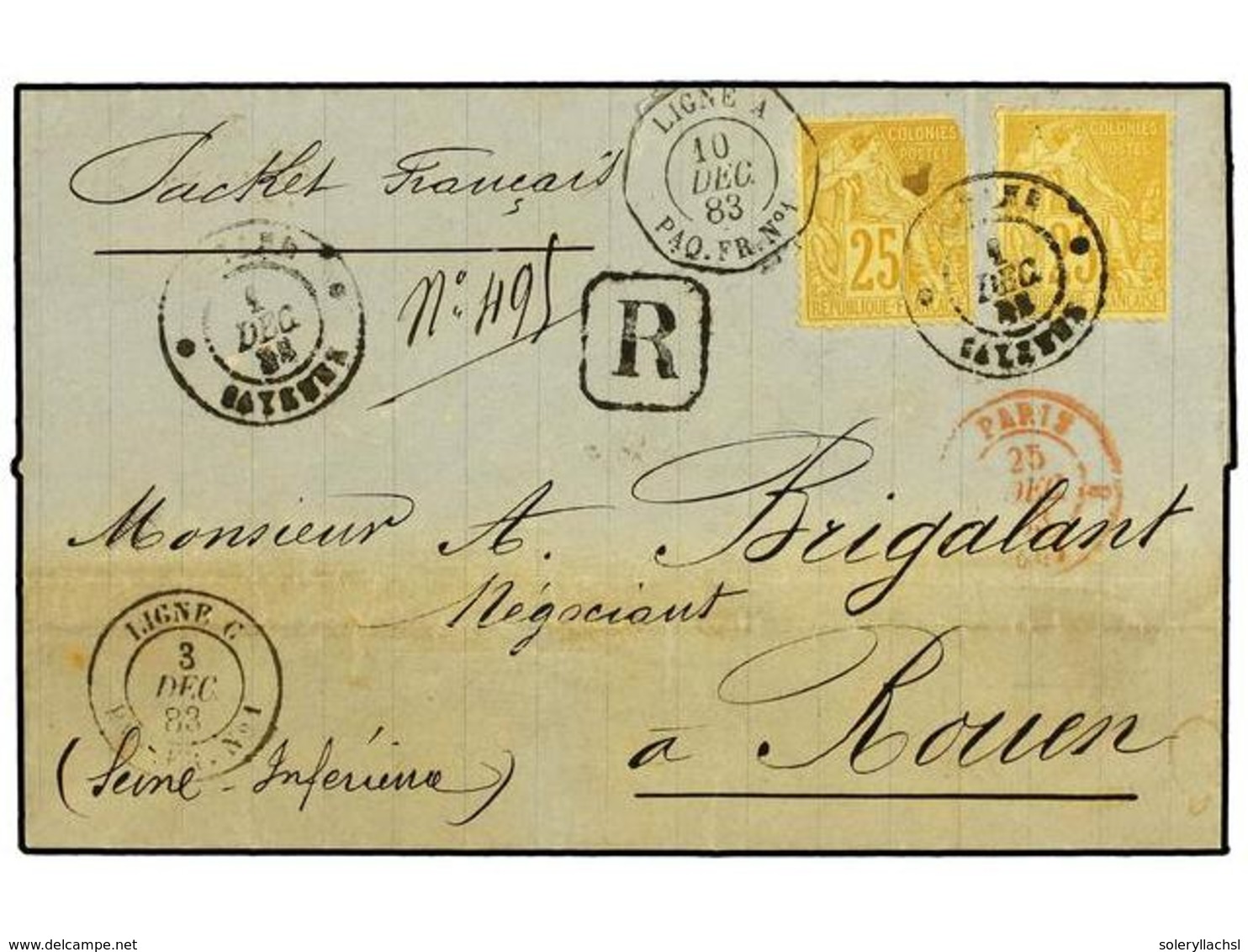 2086 GUAYANA FRANCESA. 1883 (Dec 1). Outer Letter Sheet Sent Registered From CAYENNE To ROUEN Franked By 1881 Dubois <B> - Sonstige & Ohne Zuordnung